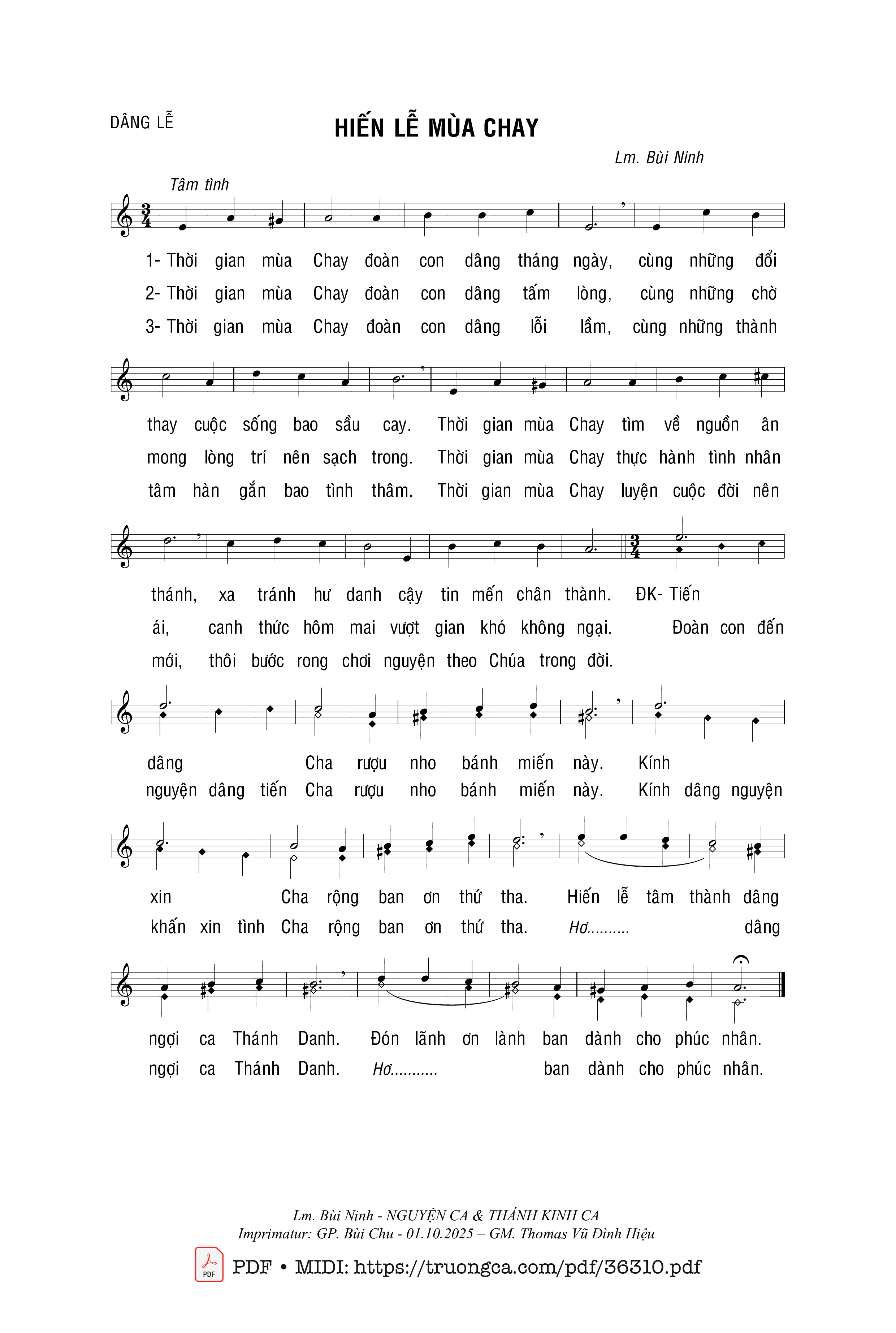 Sheet nhạc Hiến Lễ Mùa Chay - Bùi Ninh