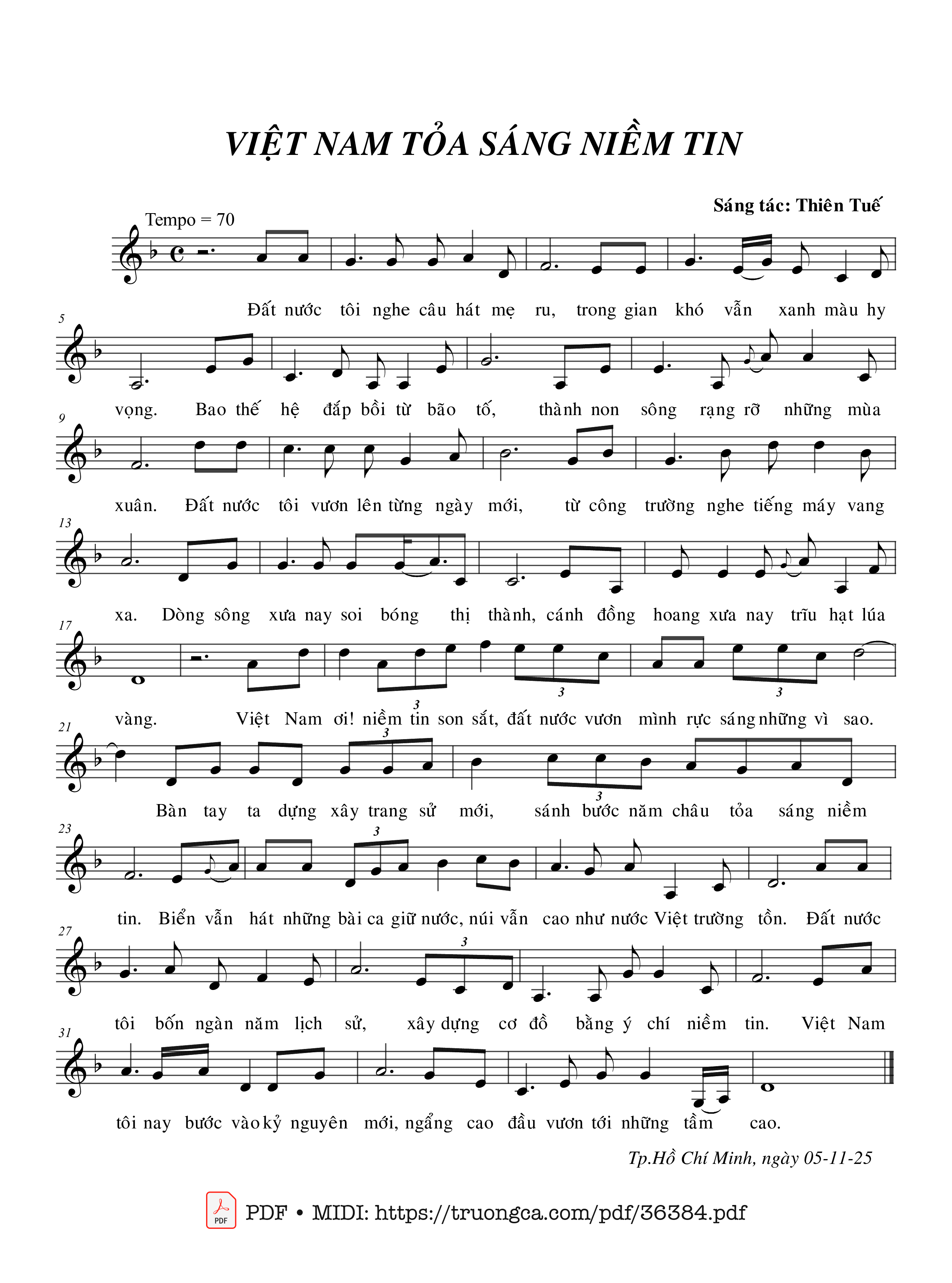 Trang 1 của Sheet nhạc PDF bài hát Việt Nam tỏa sáng niềm tin - Thiên Tuế