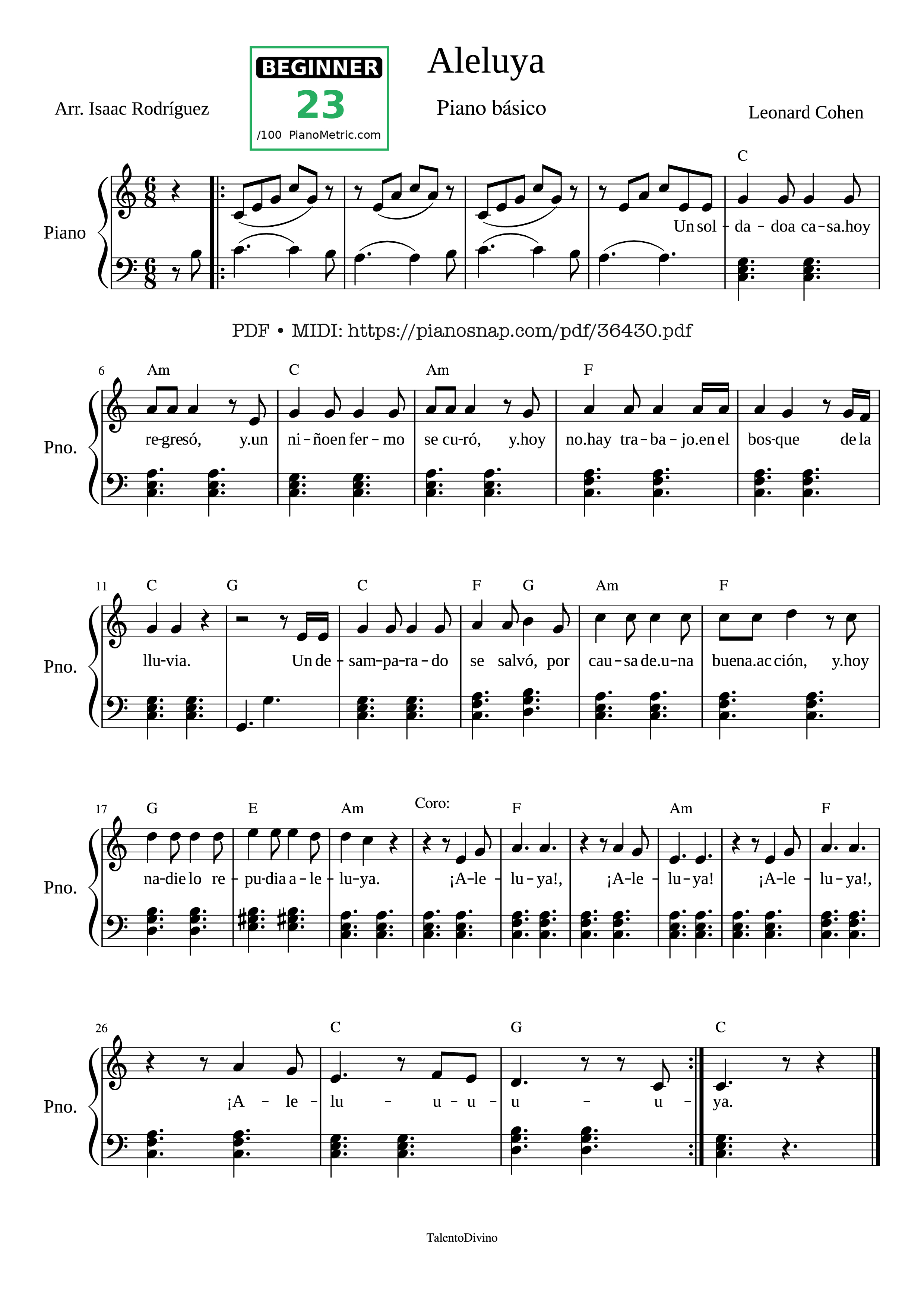 Sheet nhạc Aleluya (Shrek ver.) piano