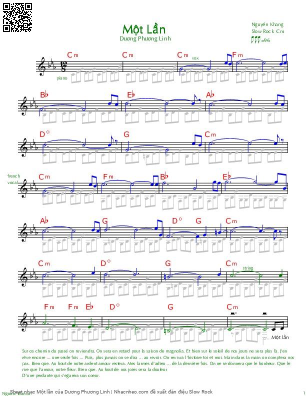 Trang 1 của Sheet nhạc PDF bài hát Một lần - Dương Phương Linh, Đọc: Sur ce chemin du passé on reviendra