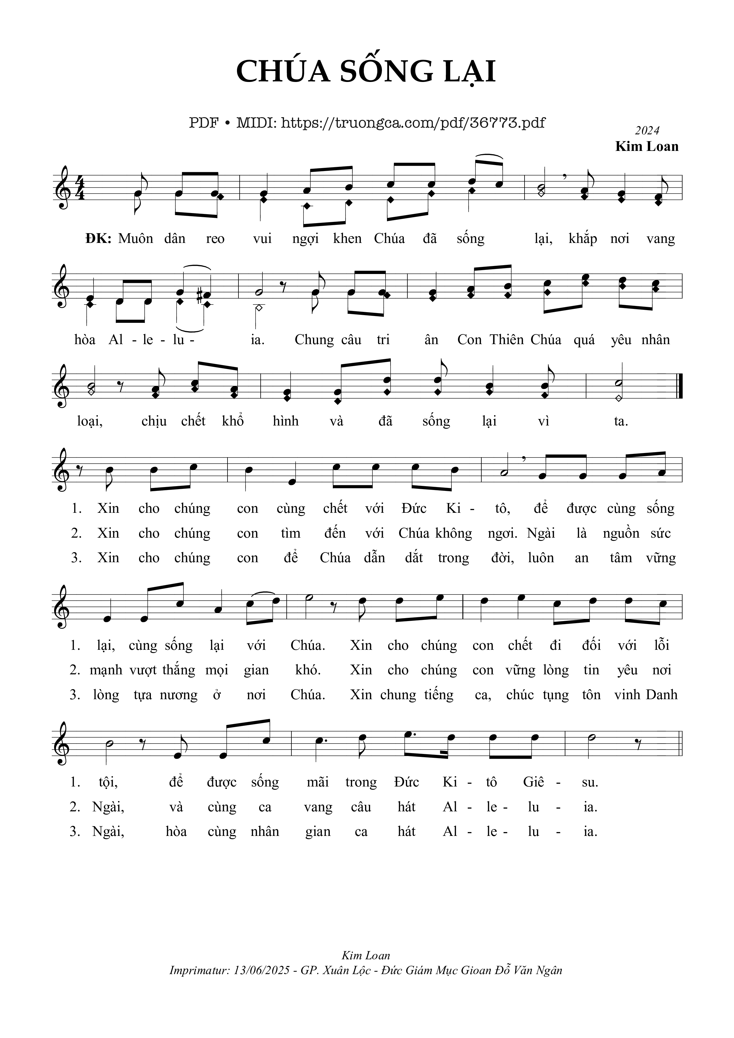 Trang 1 của Sheet nhạc PDF bài hát Chúa Sống Lại - Kim Loan Op