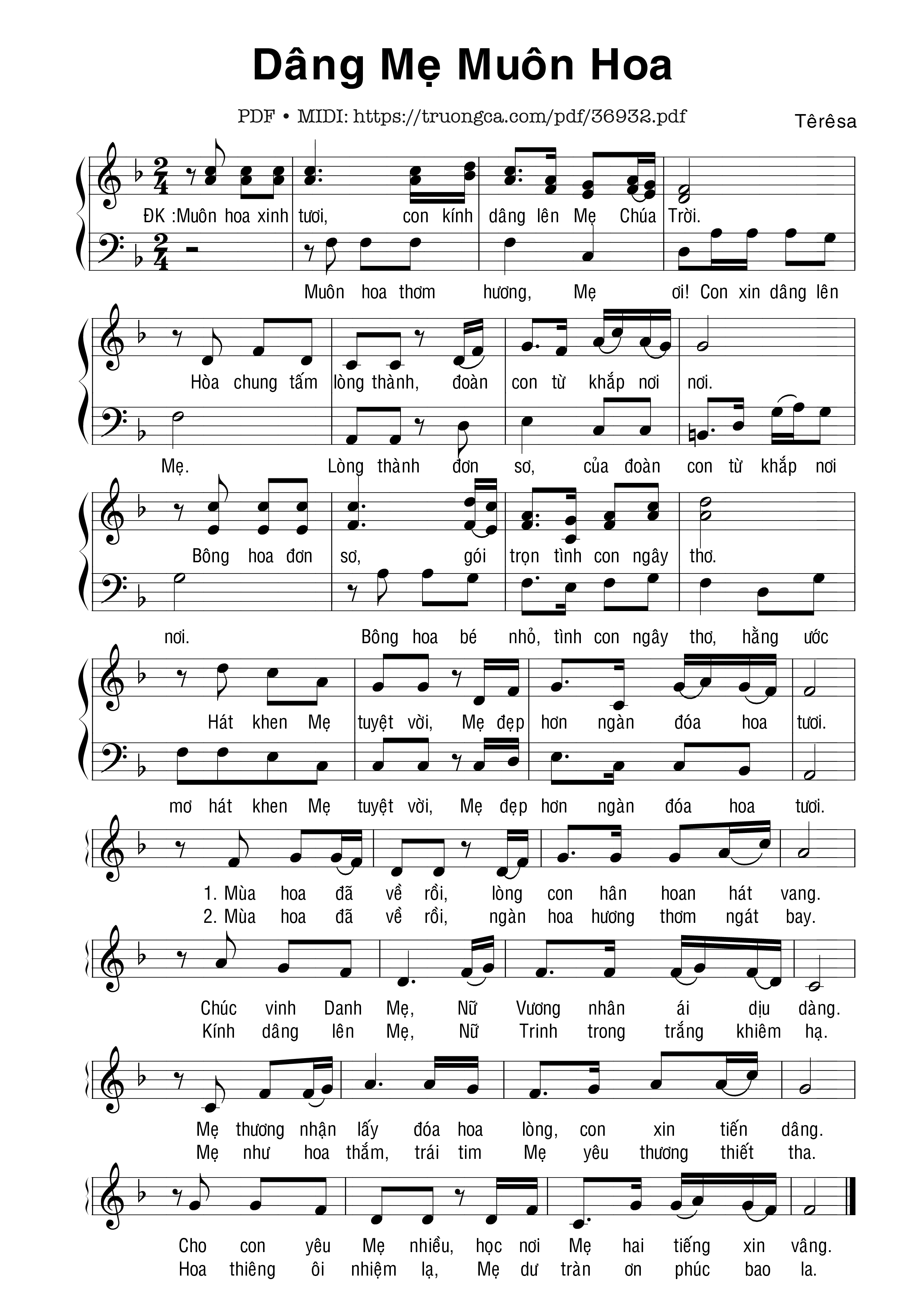 Sheet nhạc Dâng Mẹ Muôn Hoa -  Têrêsa