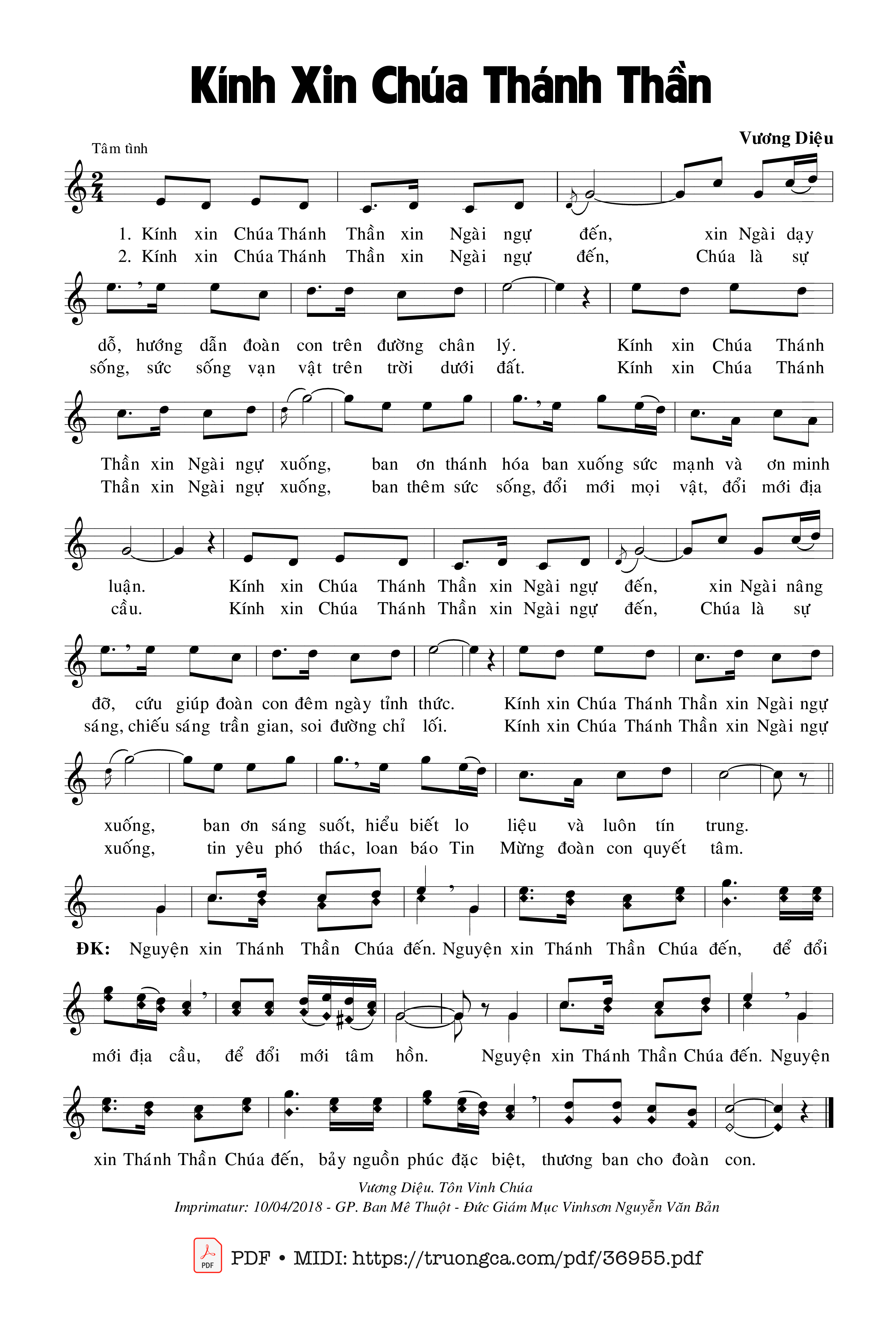 Trang 1 của Sheet nhạc PDF bài hát Kính Xin Chúa Thánh Thần - Vương Diệu