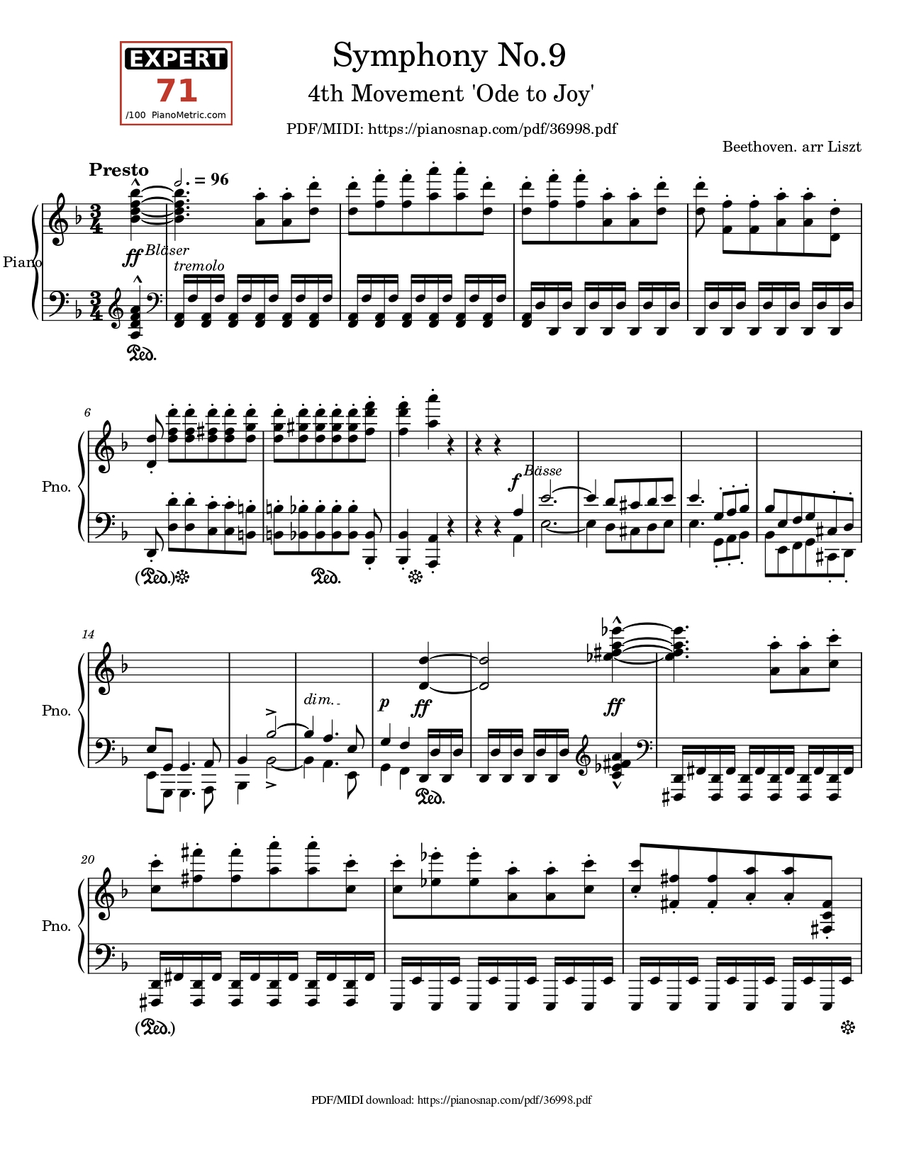 Trang 1 của Sheet nhạc PDF Piano bài hát Symphony no.9, 4th Movement, Ode to Joy Piano - Ludwig van Beethoven
