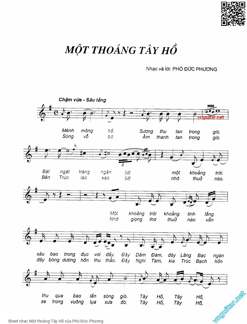 Trang 1 của Sheet nhạc PDF bài hát Một thoáng Tây Hồ - Phó Đức Phương, 1.  Mênh mông hồ, sương thu tan trong  gió