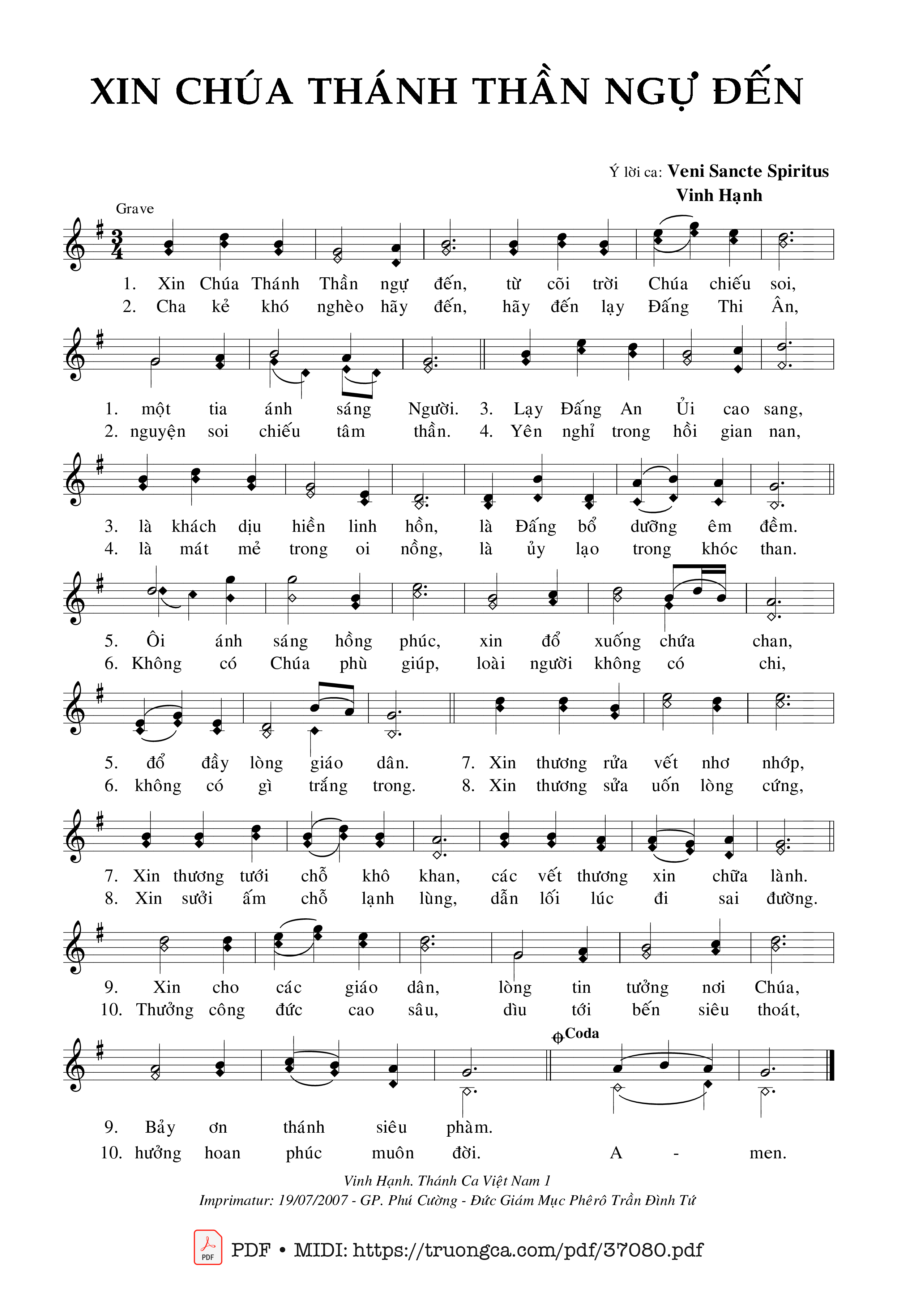 Trang 1 của Sheet nhạc PDF bài hát Xin Chúa Thánh Thần Ngự Đến - Vinh Hạnh