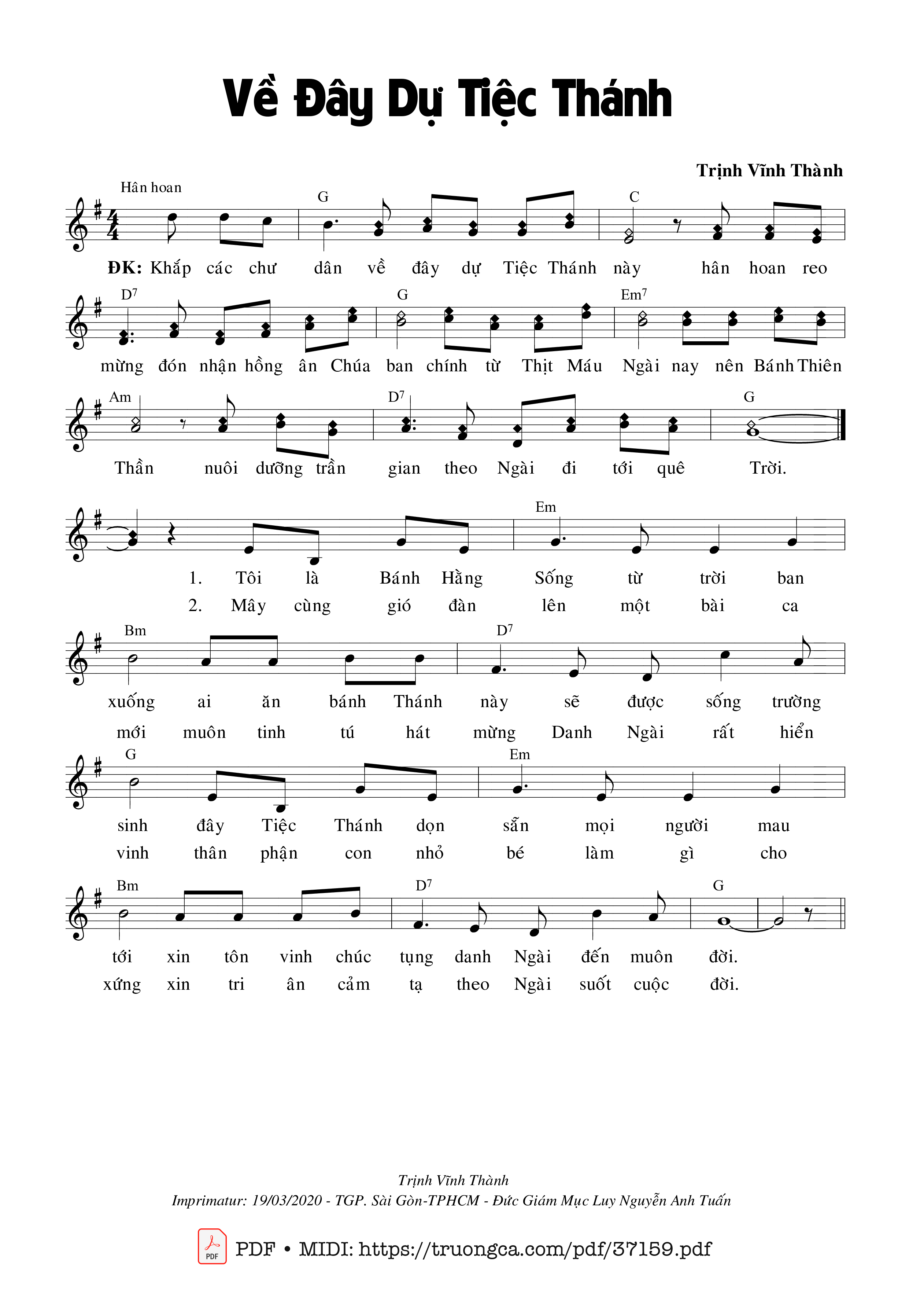 Trang 1 của Sheet nhạc PDF bài hát Về Đây Dự Tiệc Thánh - Trịnh Vĩnh Thành