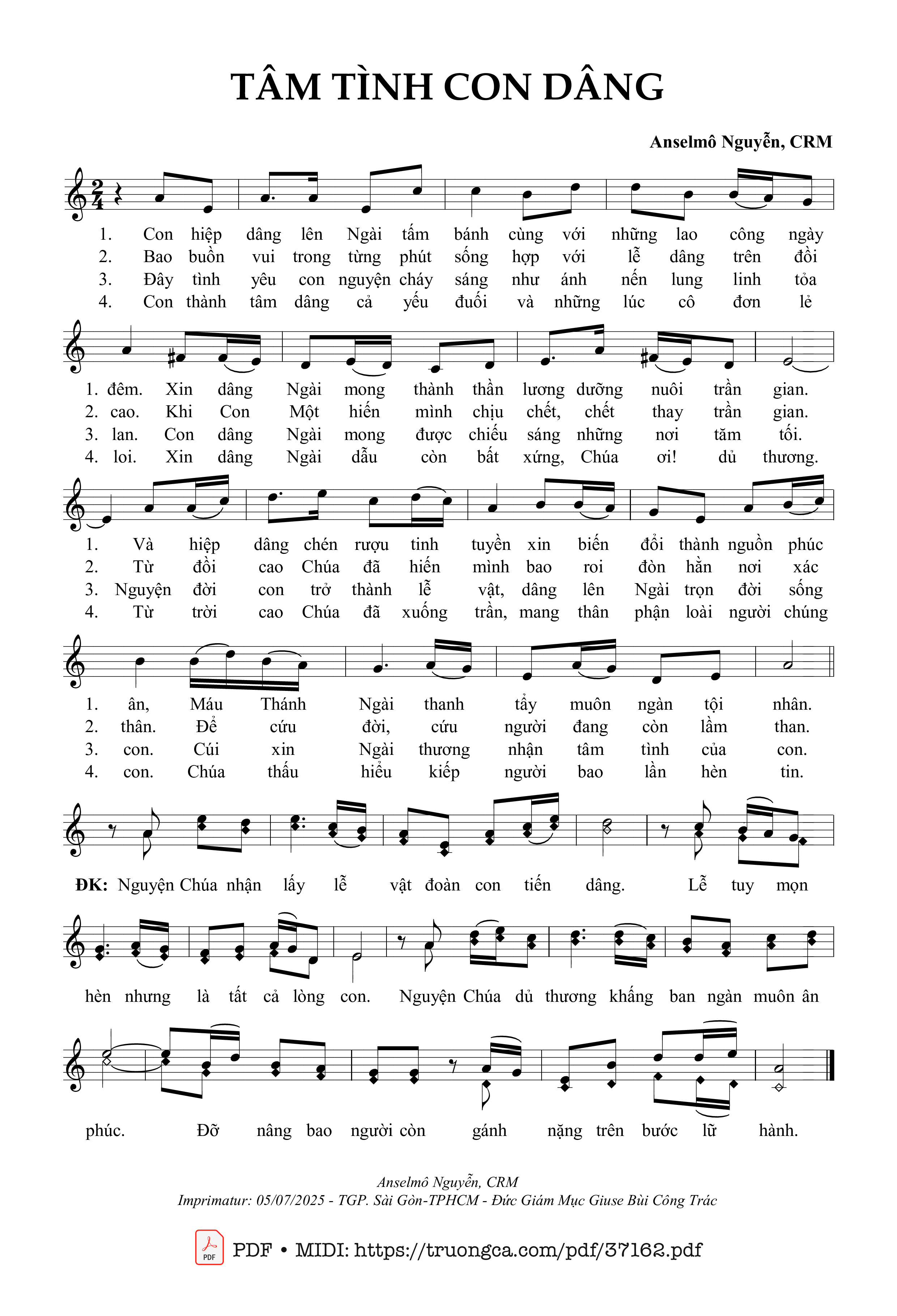 Sheet nhạc Tâm Tình Con Dâng - Anselmô Nguyễn