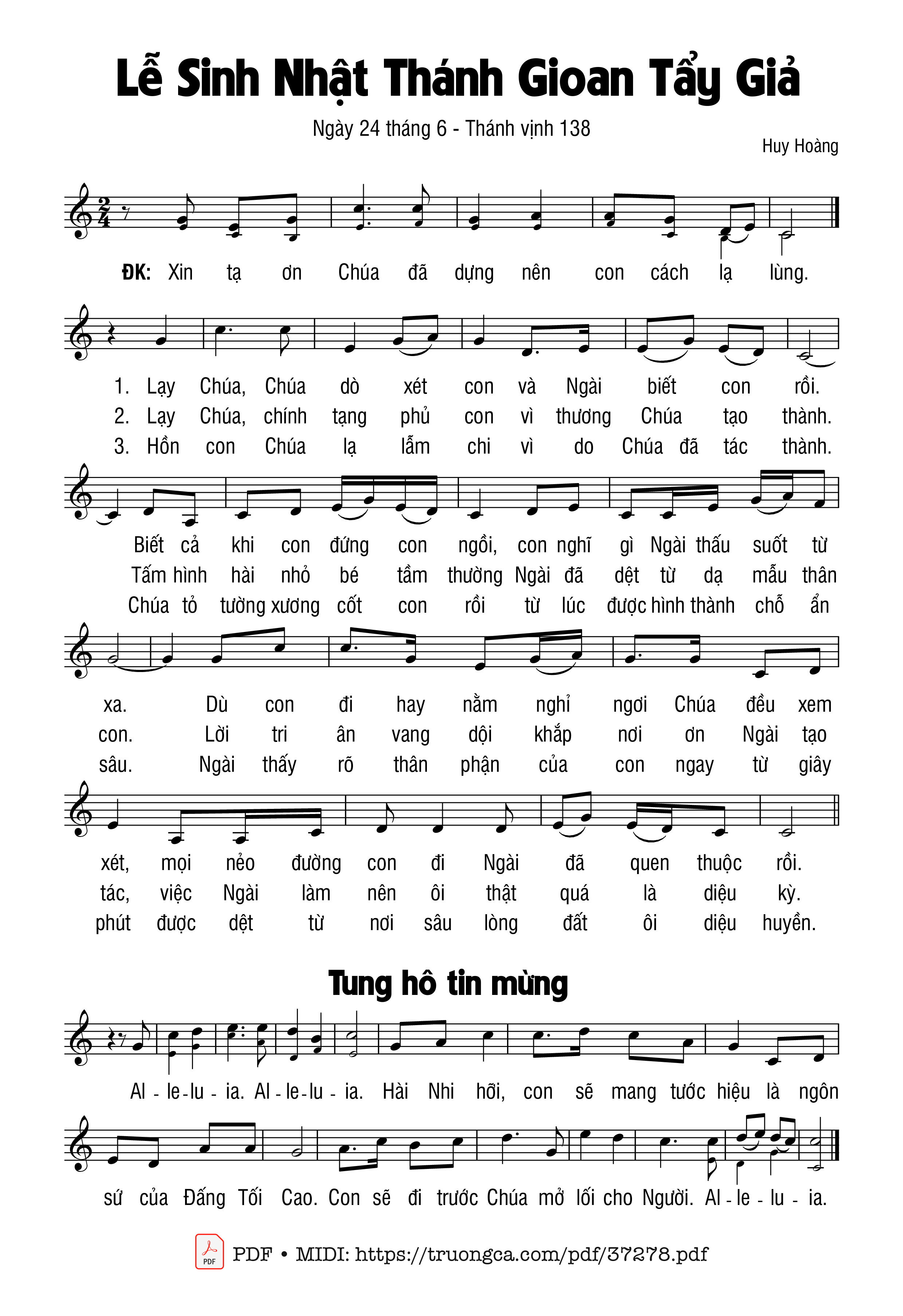 Trang 1 của Sheet nhạc PDF bài hát Thánh Vịnh 138, Lễ Sinh Nhật Thánh Gioan Tẩy Giả - Huy Hoàng