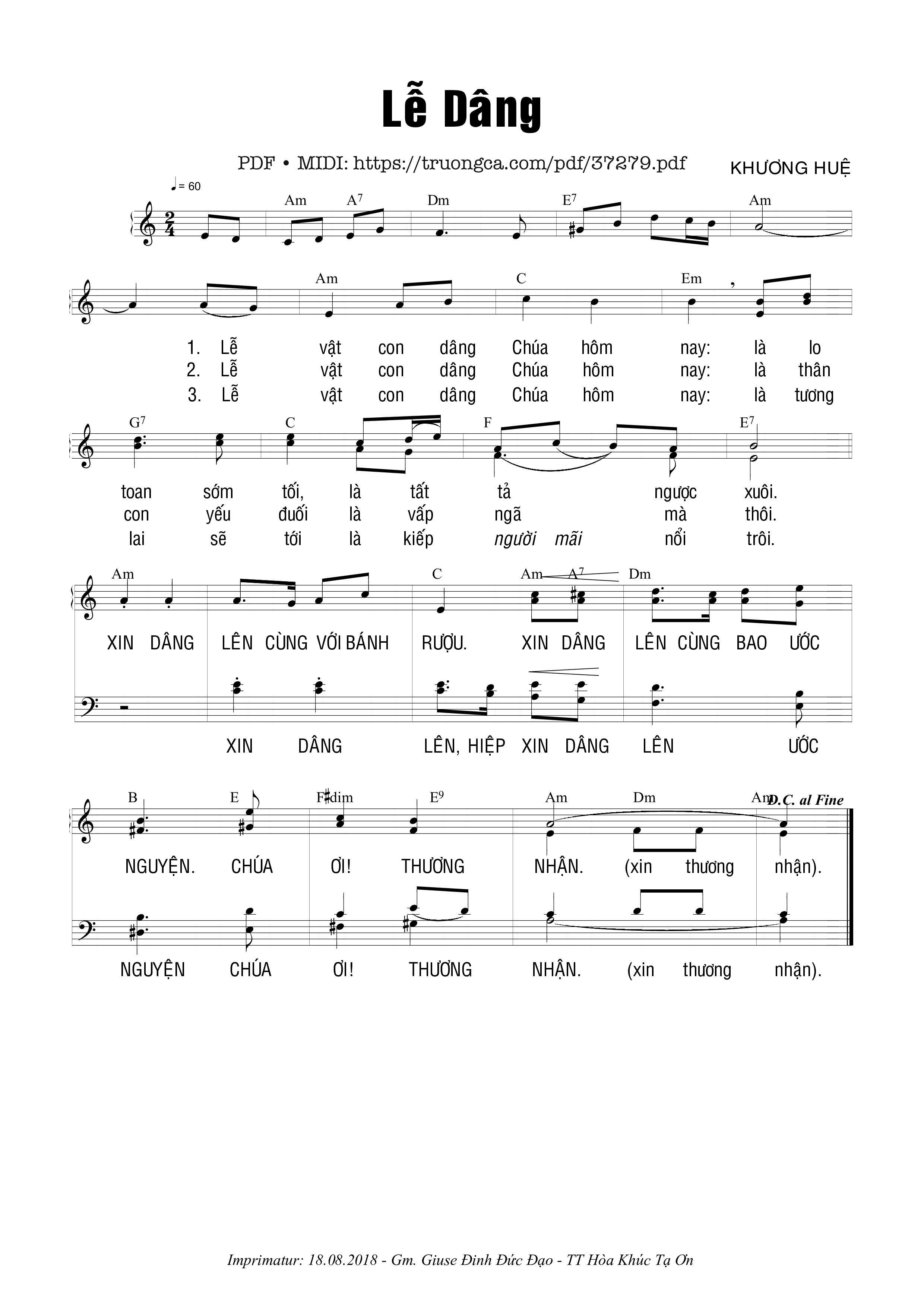 Trang 1 của Sheet nhạc PDF bài hát Lễ Dâng - Khương Huệ