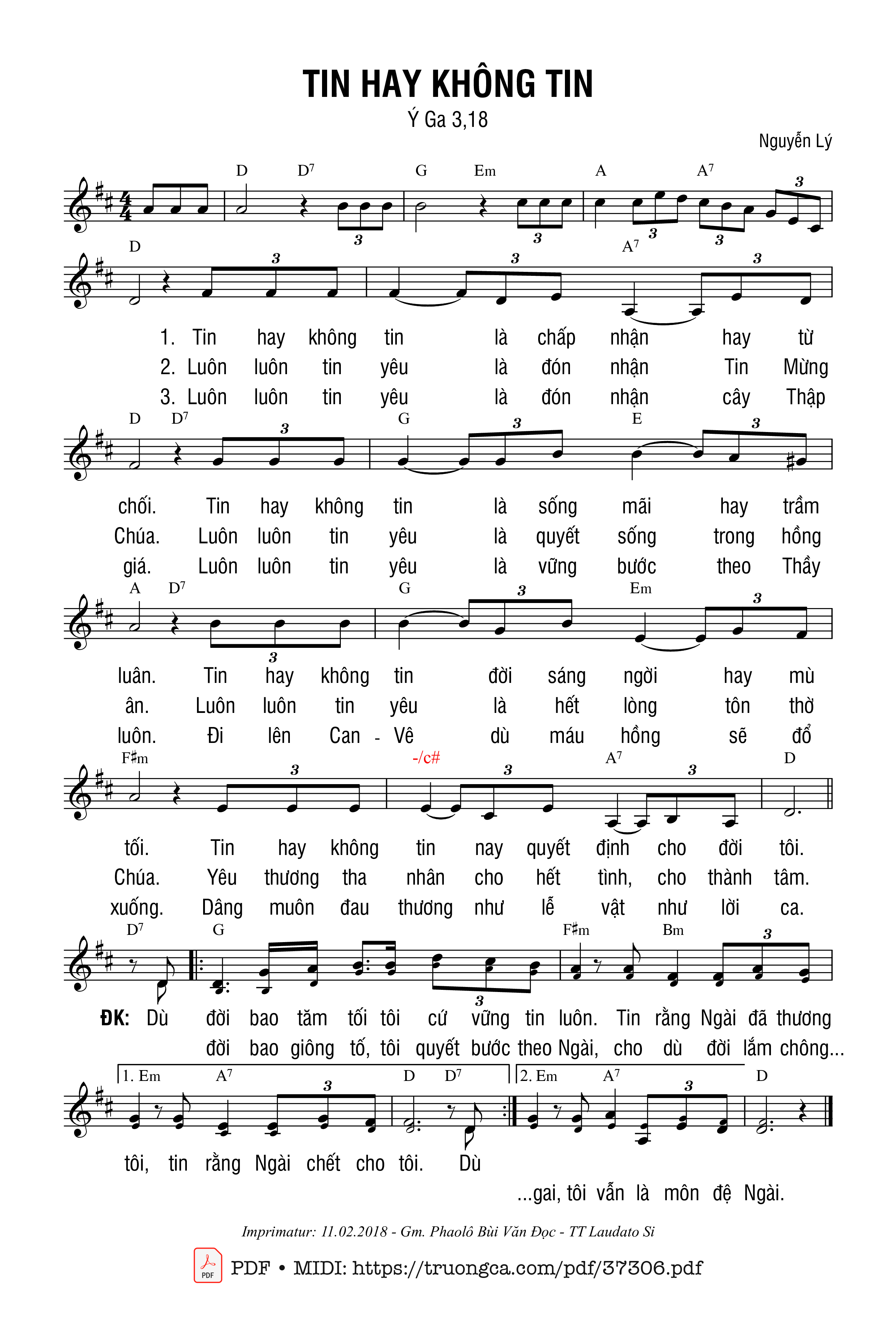 Trang 1 của Sheet nhạc PDF bài hát Tin Hay Không Tin (Ga 3 - Nguyễn Lý