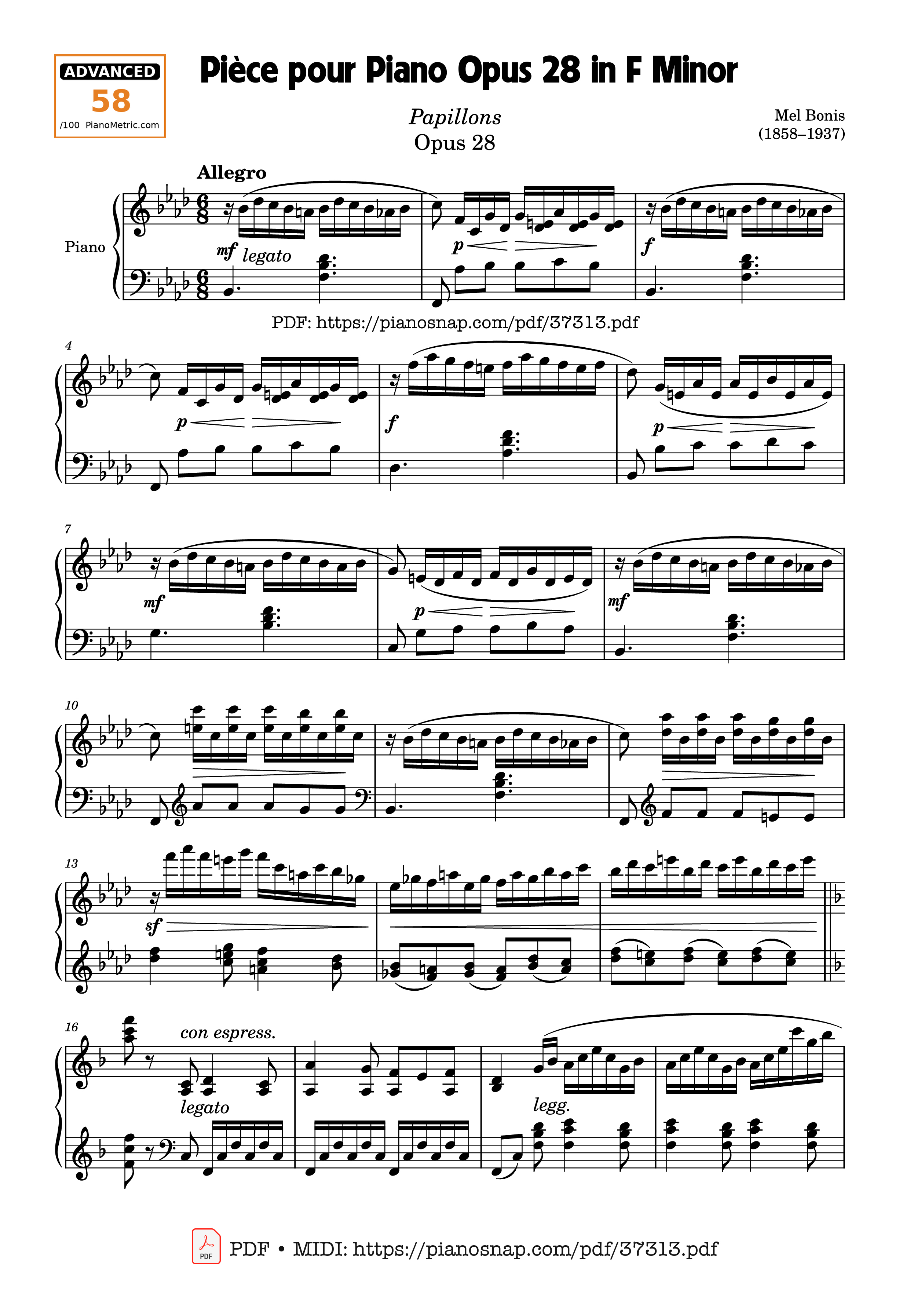 Sheet nhạc Pièce pour Piano Opus 28 in F Minor
