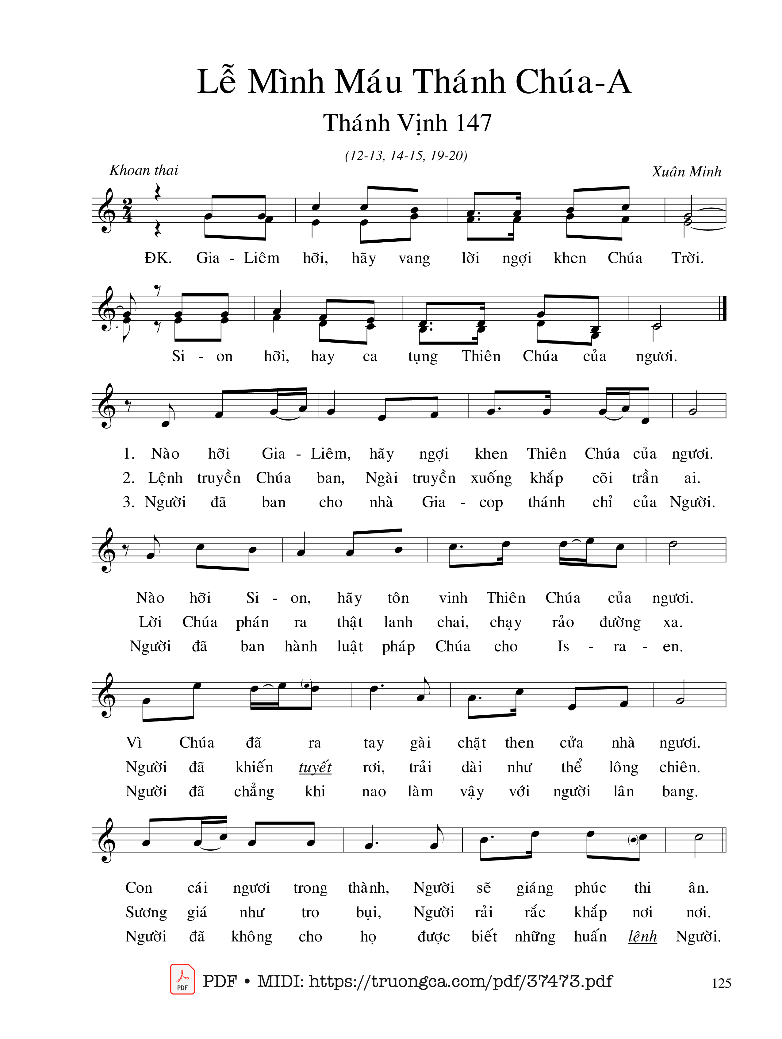 Trang 1 của Sheet nhạc PDF bài hát Thánh Vịnh 147, Lễ Mình Máu Thánh Chúa A - Xuân Minh