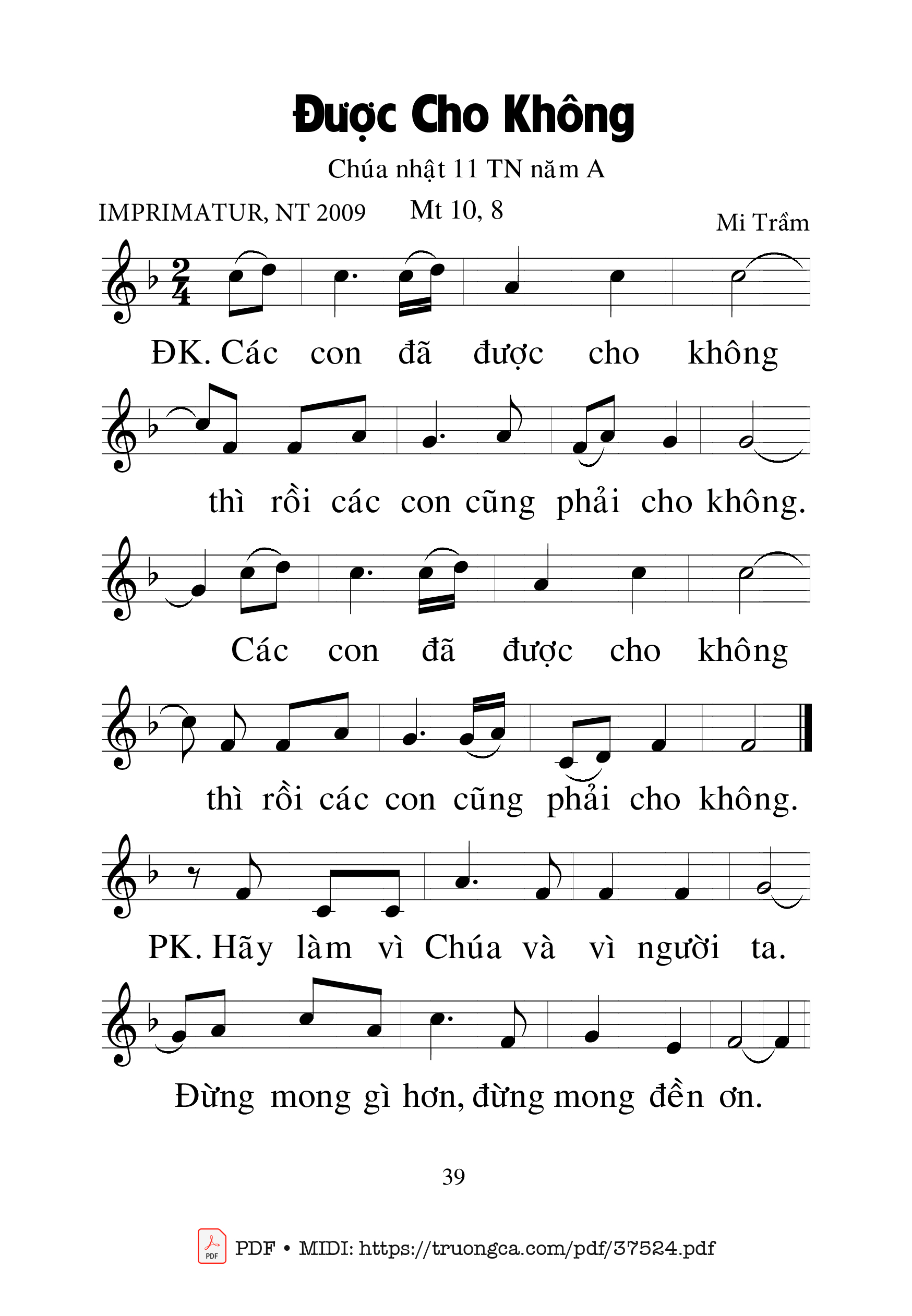 Trang 1 của Sheet nhạc PDF bài hát Được Cho Không - Mi Trầm