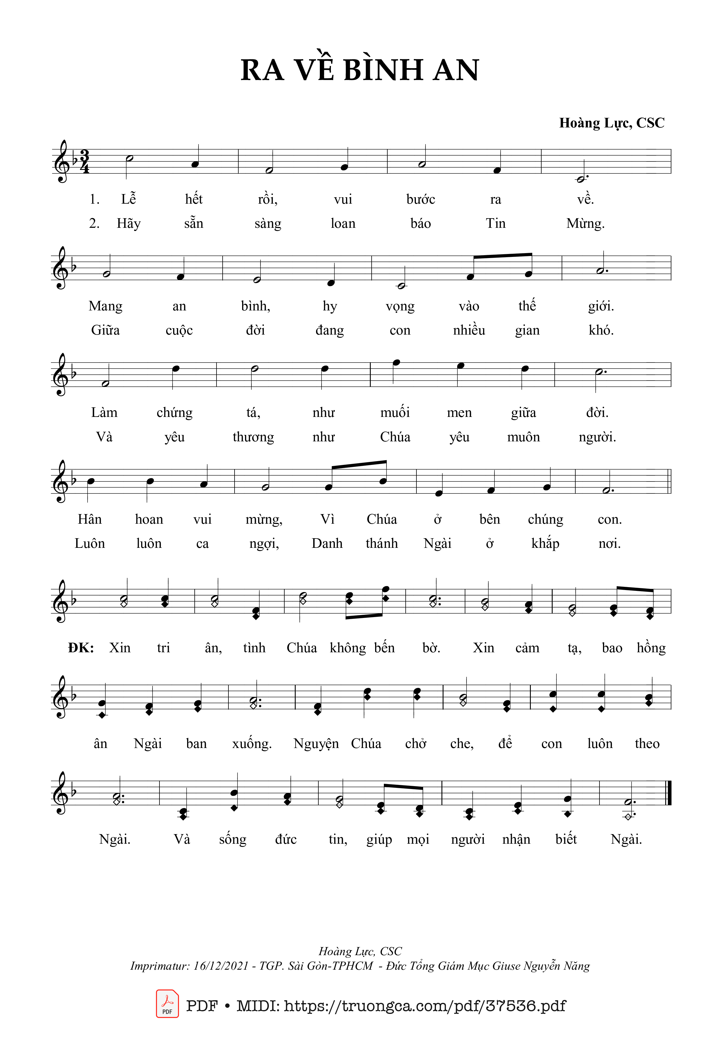 Trang 1 của Sheet nhạc PDF bài hát Ra Về Bình An - Hoàng Lực, Csc