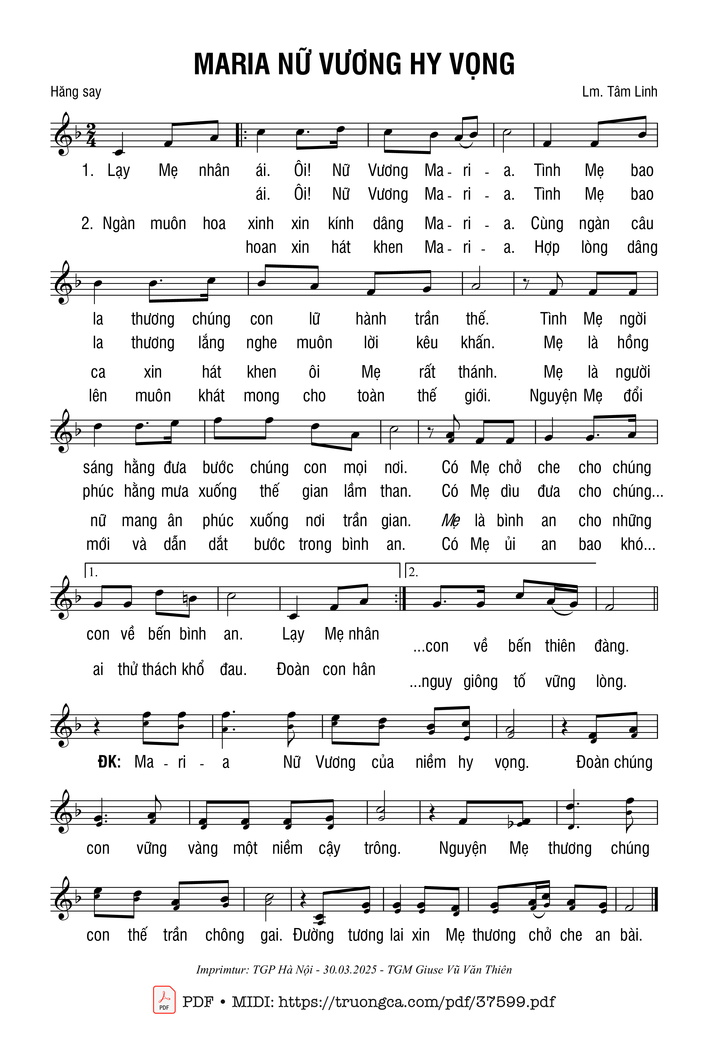 Trang 1 của Sheet nhạc PDF bài hát Maria Nữ Vương Hy Vọng - Tâm Linh