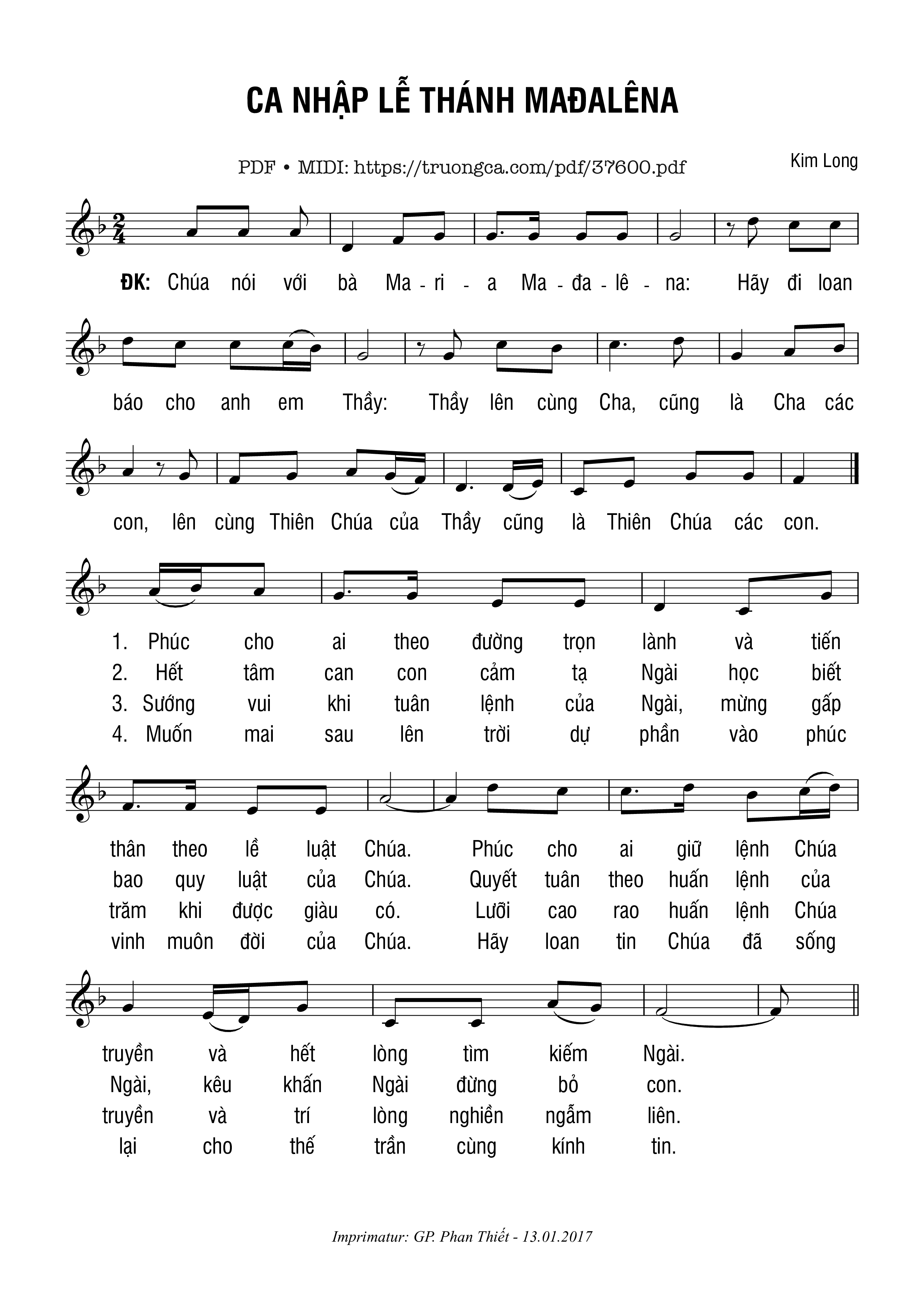 Trang 1 của Sheet nhạc PDF bài hát Ca Nhập Lễ Thánh Mađalêna - Kim Long