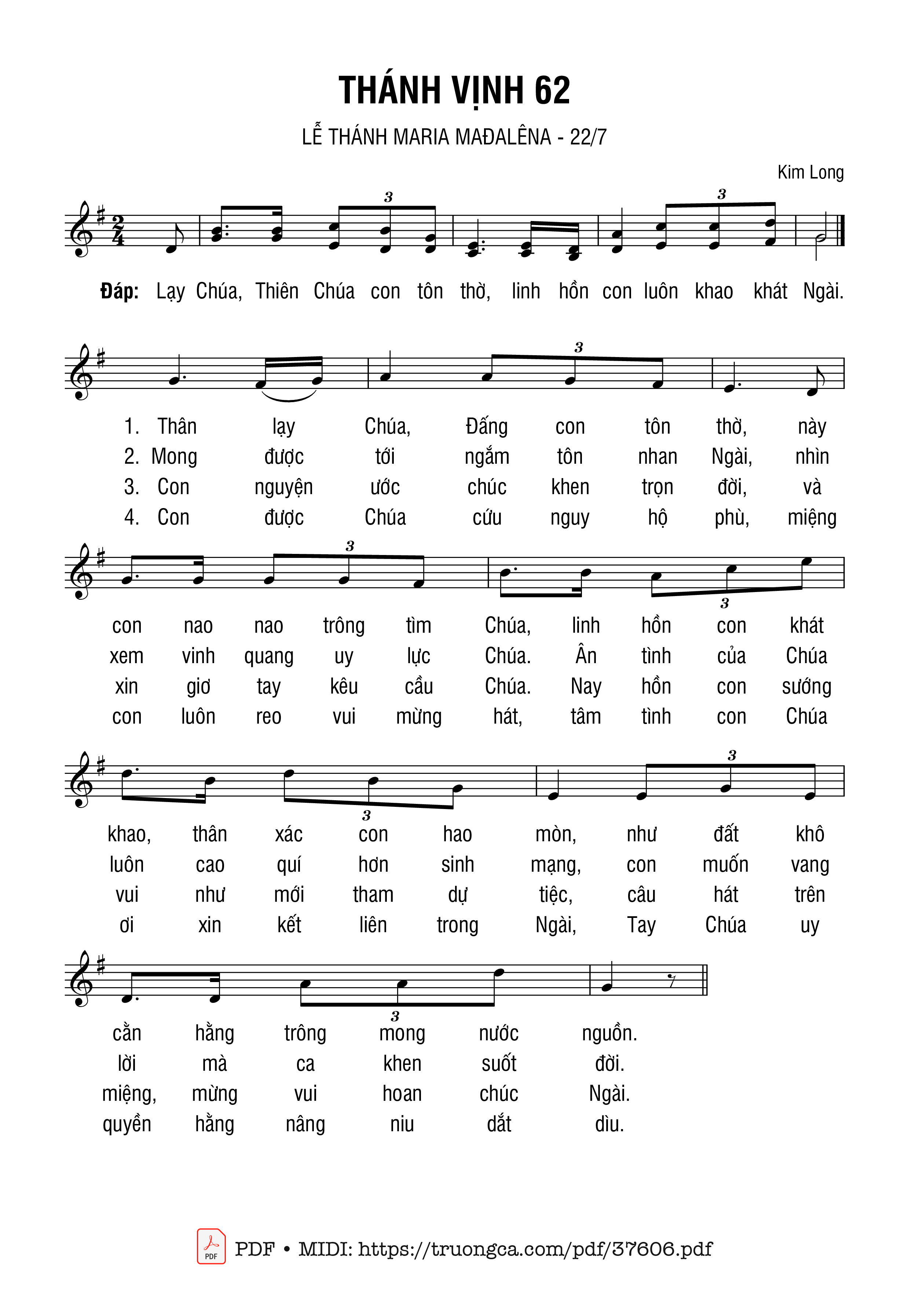 Trang 1 của Sheet nhạc PDF bài hát Thánh Vịnh 62, Lễ Thánh Maria Mađalêna - Kim Long