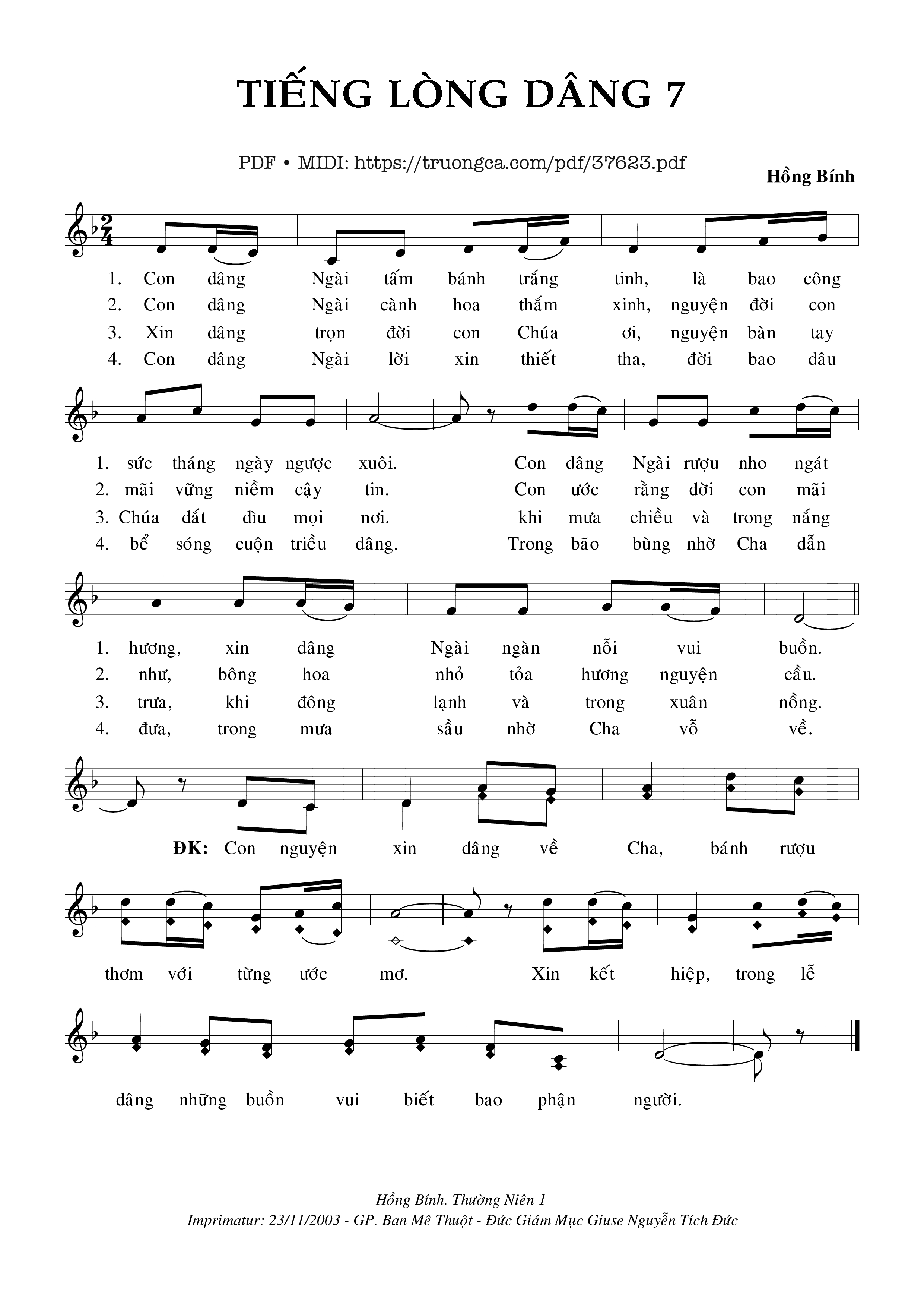 Trang 1 của Sheet nhạc PDF bài hát Tiếng Lòng Dâng 7 - Hồng Bính