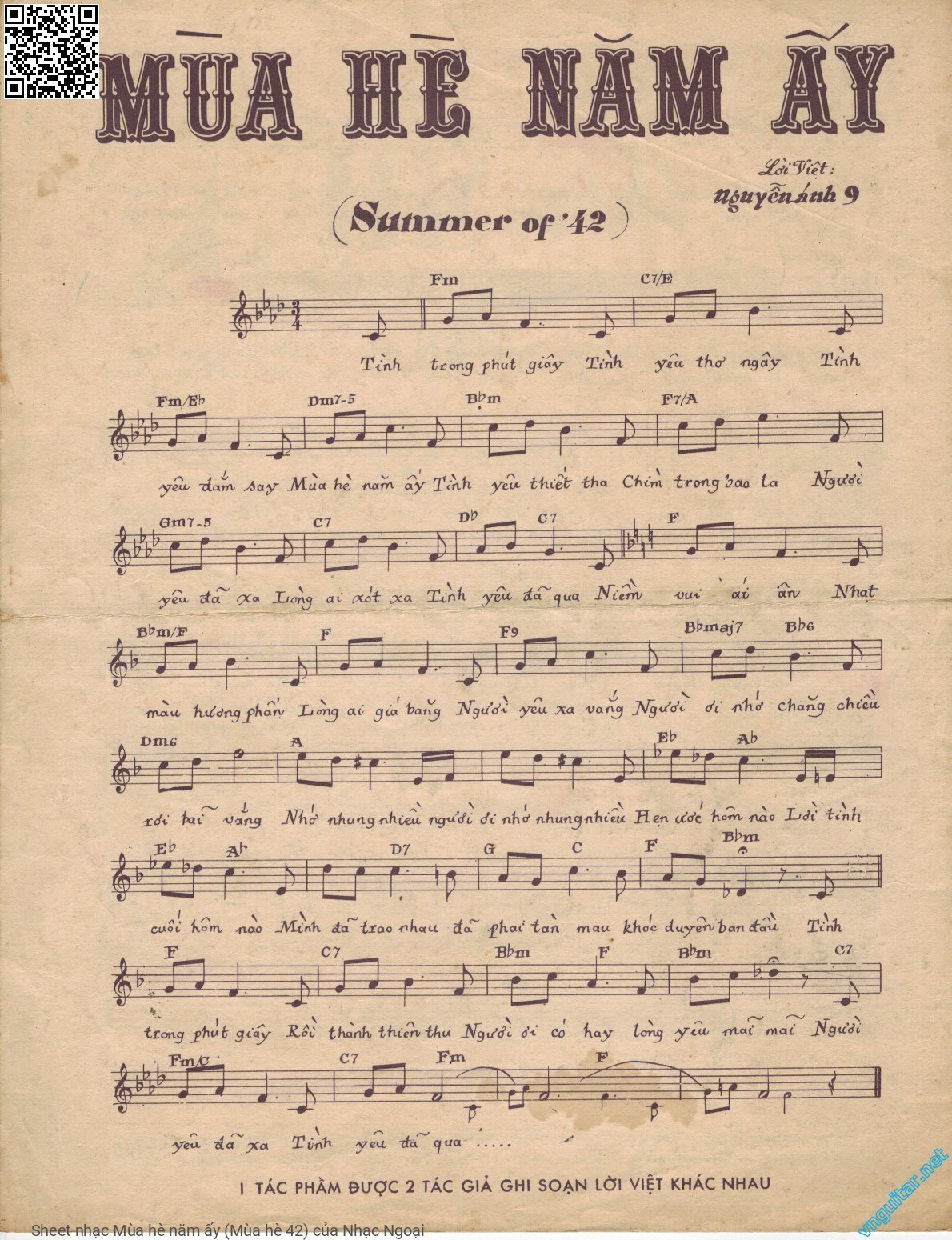 Trang 1 của Sheet nhạc PDF bài hát Mùa hè năm ấy (Mùa hè 42) - Nhạc Ngoại, Tình  trong phút giây tình  yêu thơ ngây. Tình  yêu đắm say mùa  hè năm ấy Tình  yêu thiết tha chìm  trong bao la