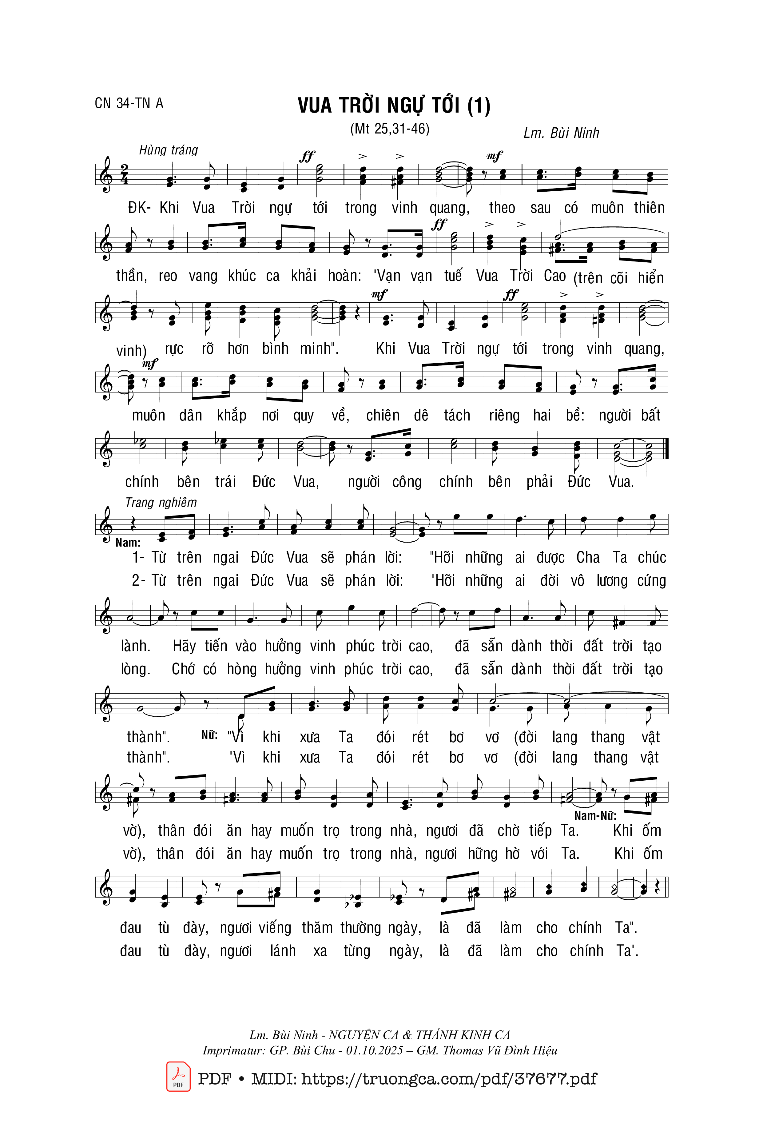 Trang 1 của Sheet nhạc PDF bài hát Vua Trời Ngự Tới - Bùi Ninh