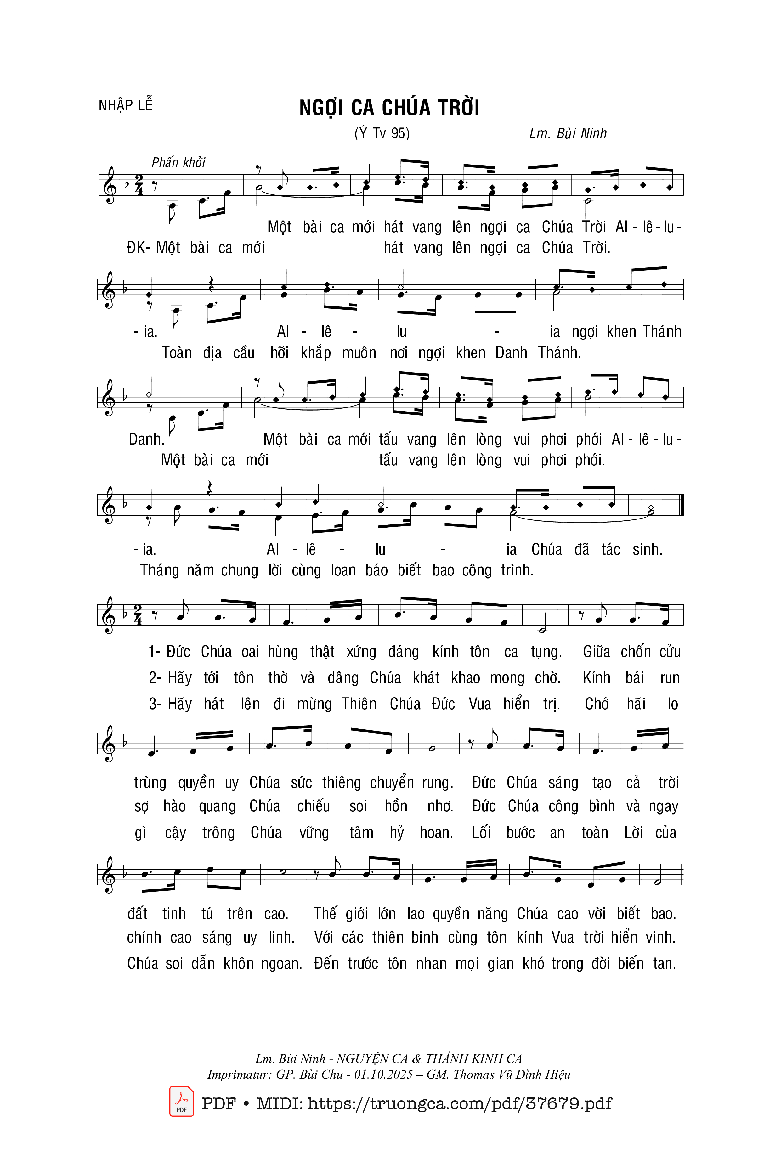 Trang 1 của Sheet nhạc PDF bài hát Thánh Vịnh 95, Ngợi Ca Chúa Trời (Ý - Bùi Ninh