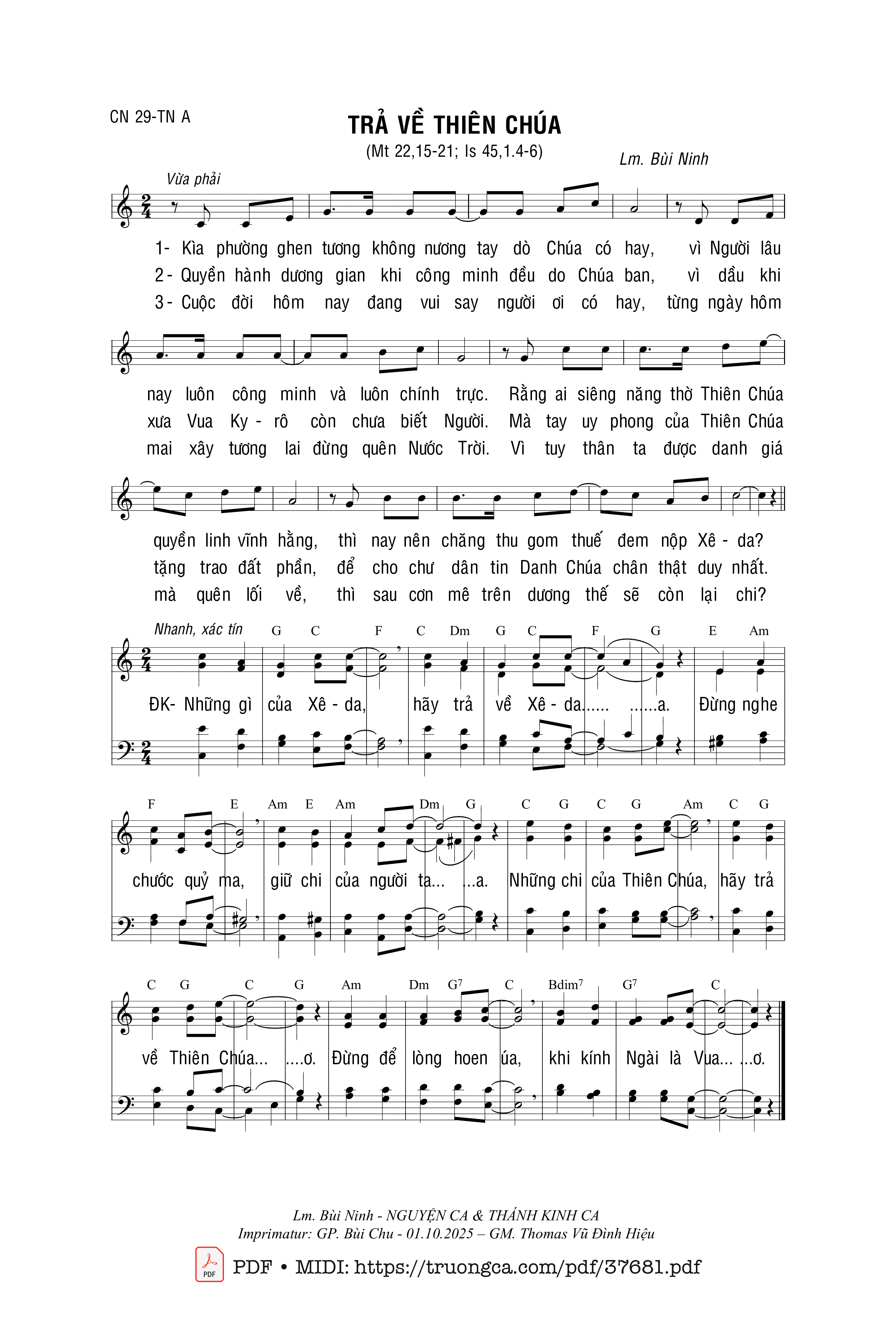 Trang 1 của Sheet nhạc PDF bài hát Trả Về Thiên Chúa - Bùi Ninh