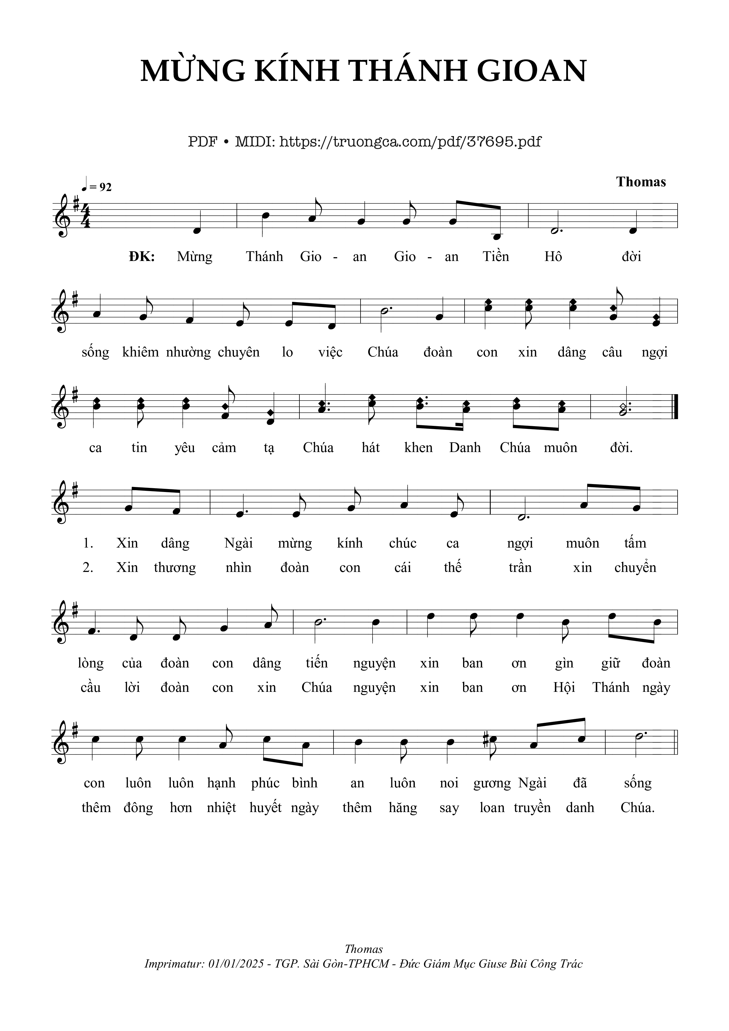 Trang 1 của Sheet nhạc PDF bài hát Mừng Kính Thánh Gioan - Thomas