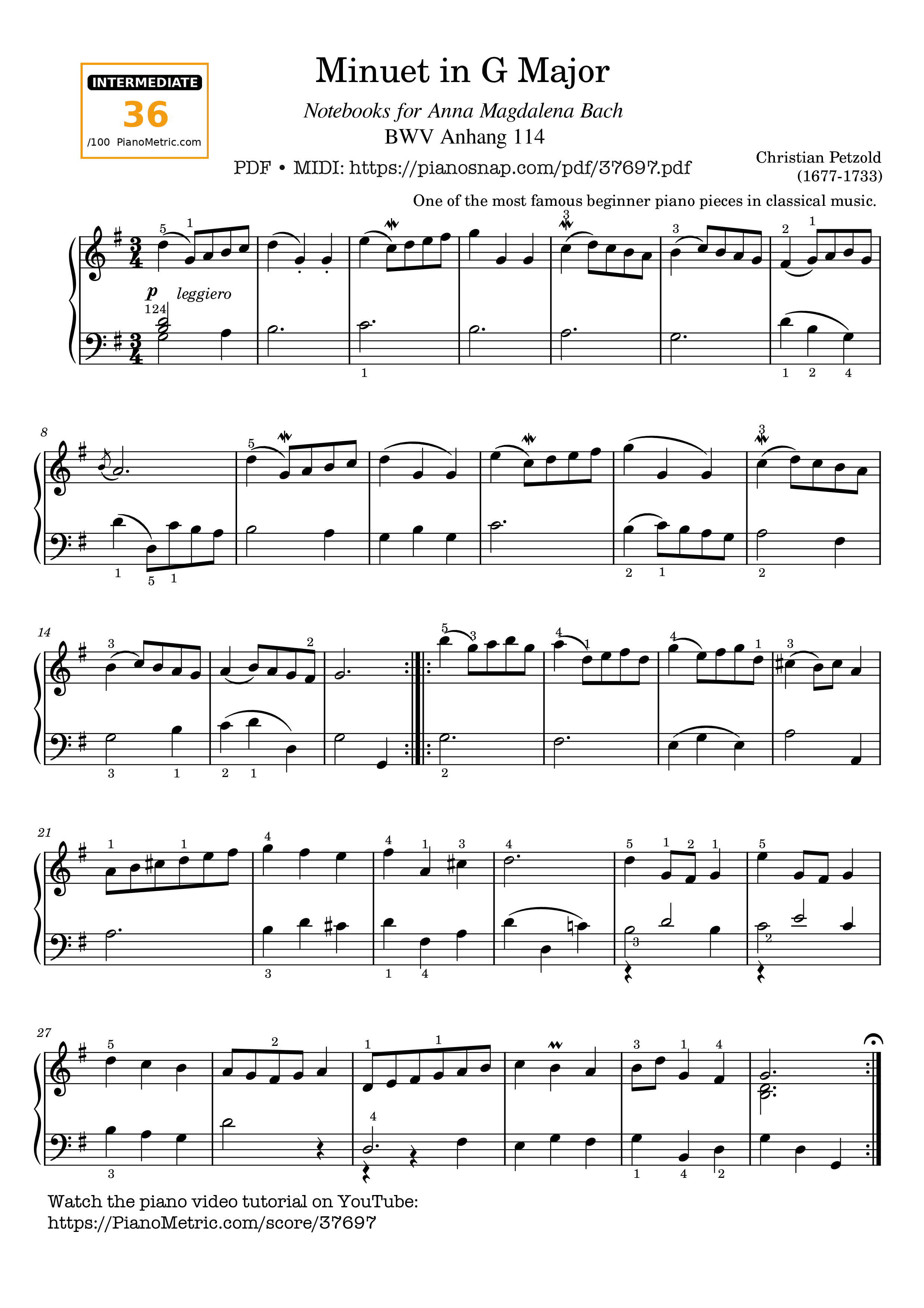 Trang 1 của Sheet nhạc PDF Piano bài hát Minuet BWV Anhang 114 in G Major (Fingerings) - Johann Sebastian Bach