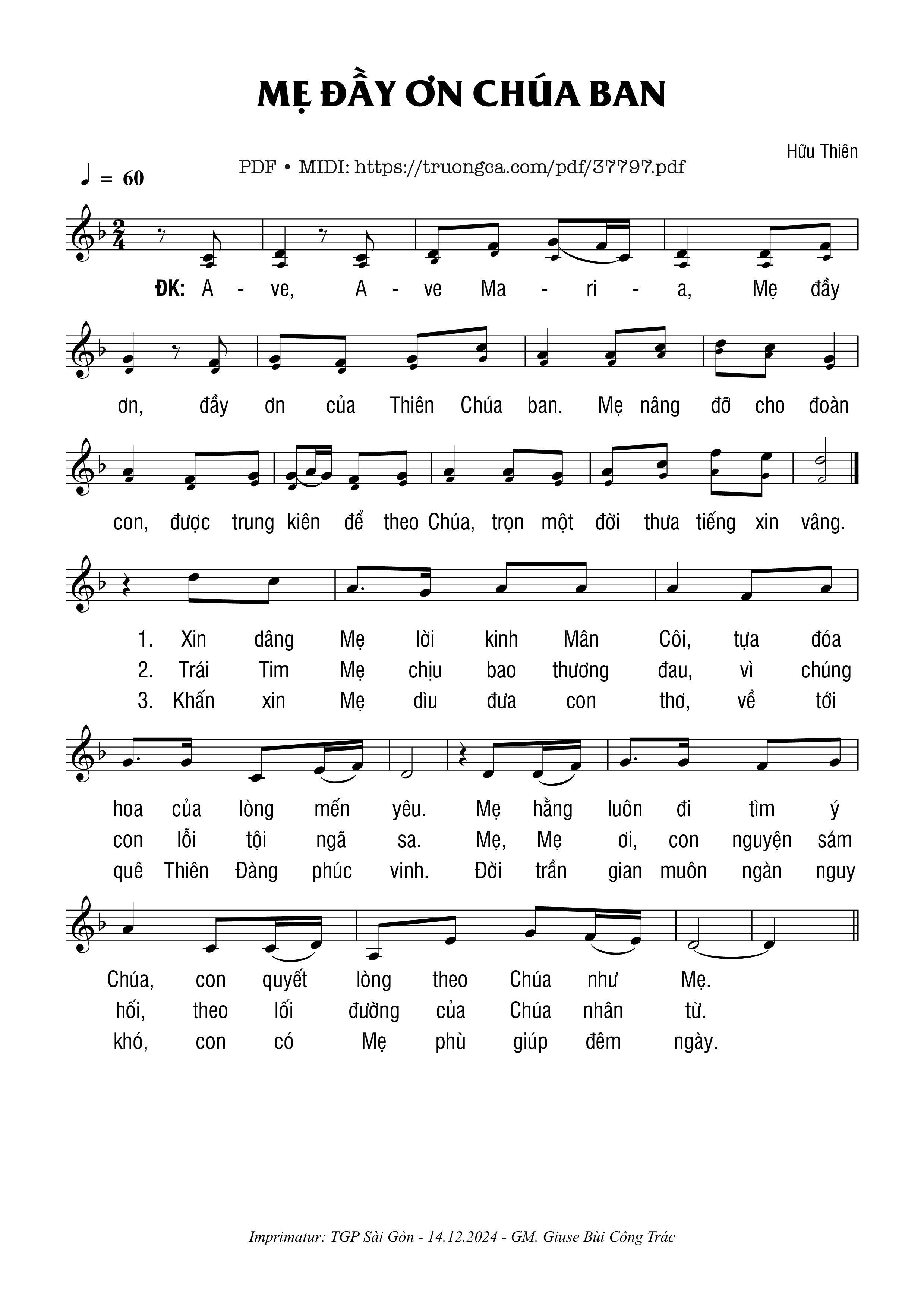 Trang 1 của Sheet nhạc PDF bài hát Mẹ Đầy Ơn Chúa Ban - Hữu Thiên