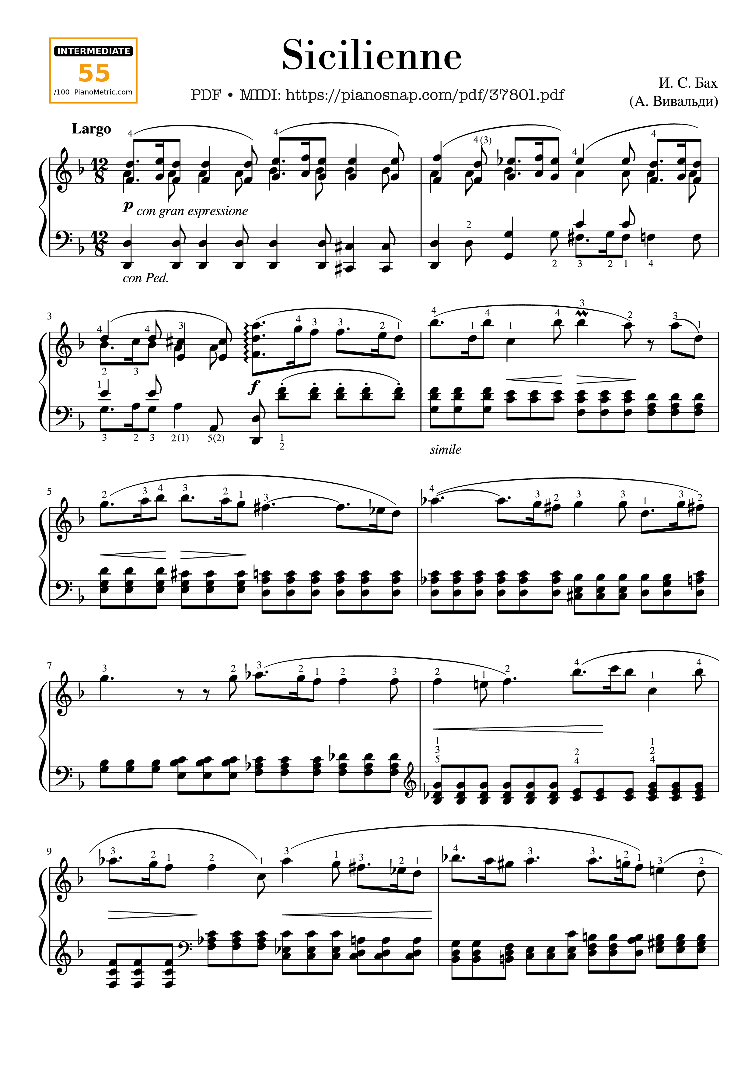 Trang 1 của Sheet nhạc PDF Piano bài hát Sicilienne from Concerto in D minor BWV 596 - Johann Sebastian Bach