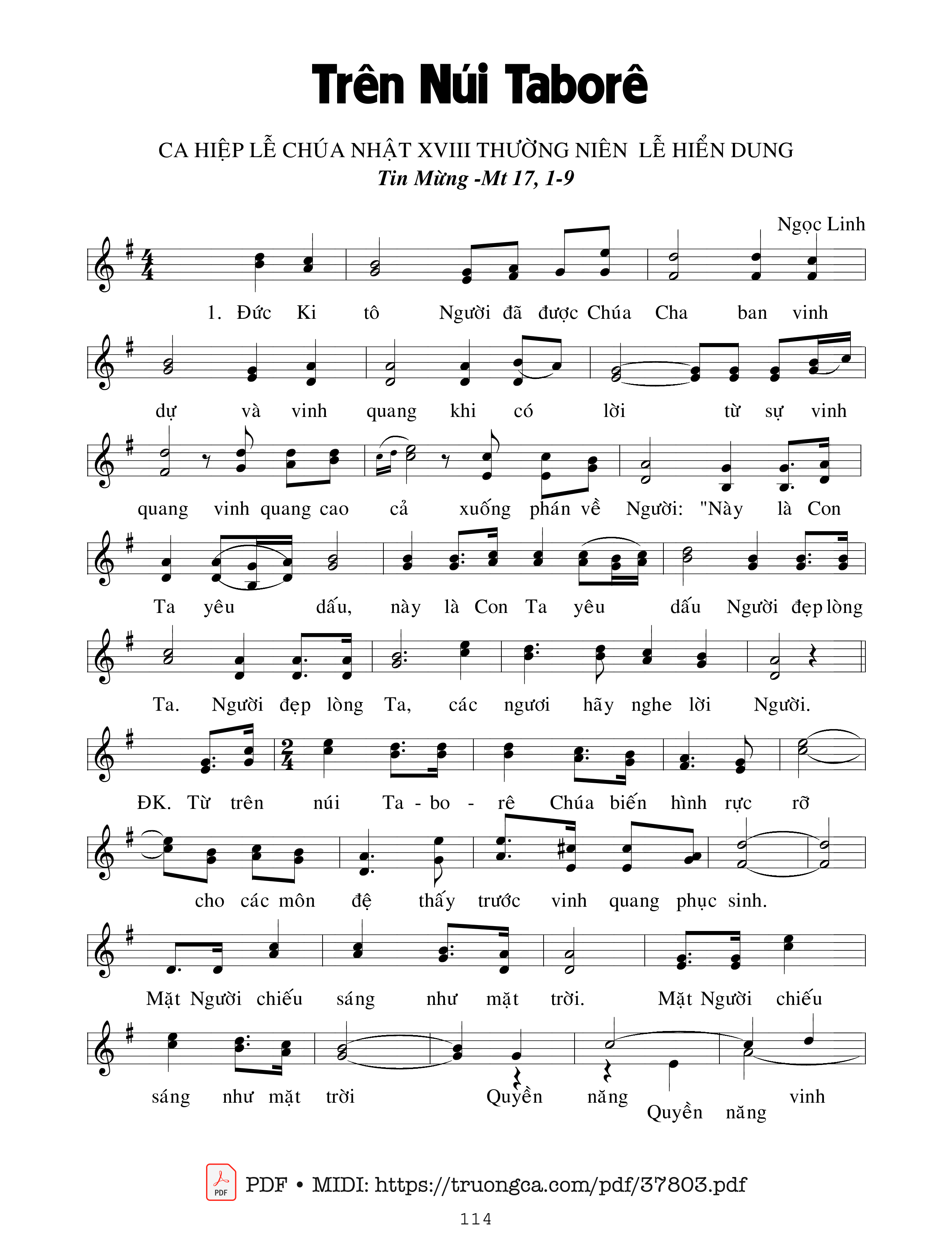Trang 1 của Sheet nhạc PDF bài hát Trên Núi Taborê - Ngọc Linh