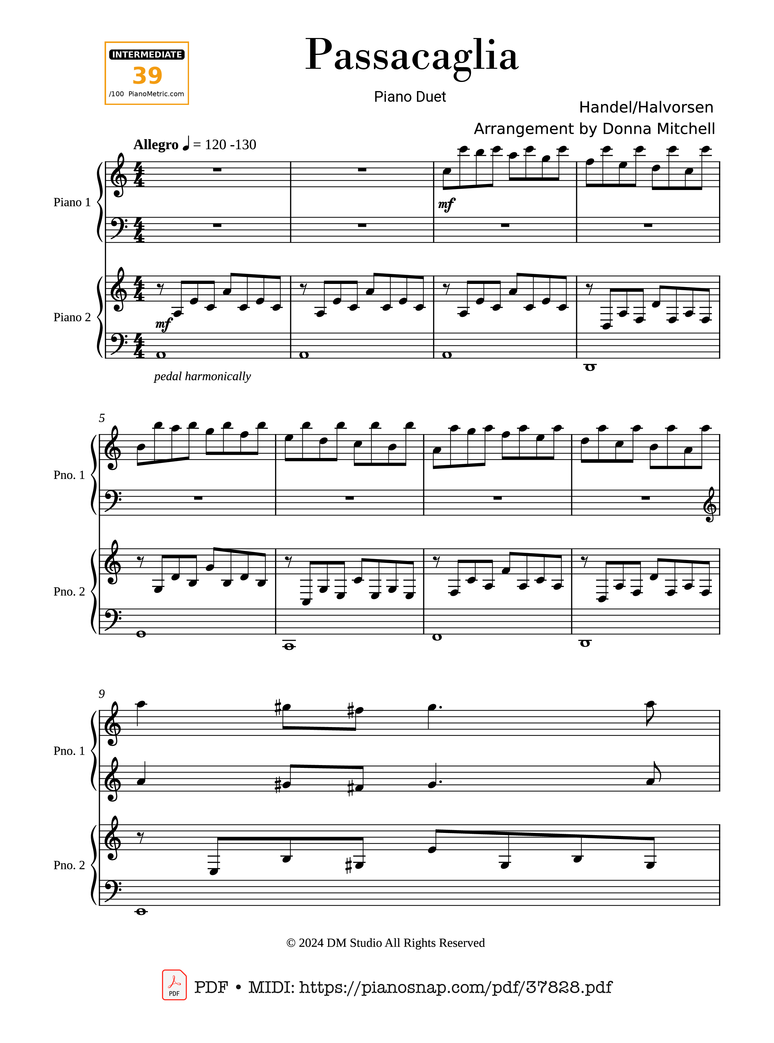 Trang 1 của Sheet nhạc PDF Piano bài hát Passacaglia - Four hands - Johan Halvorsen