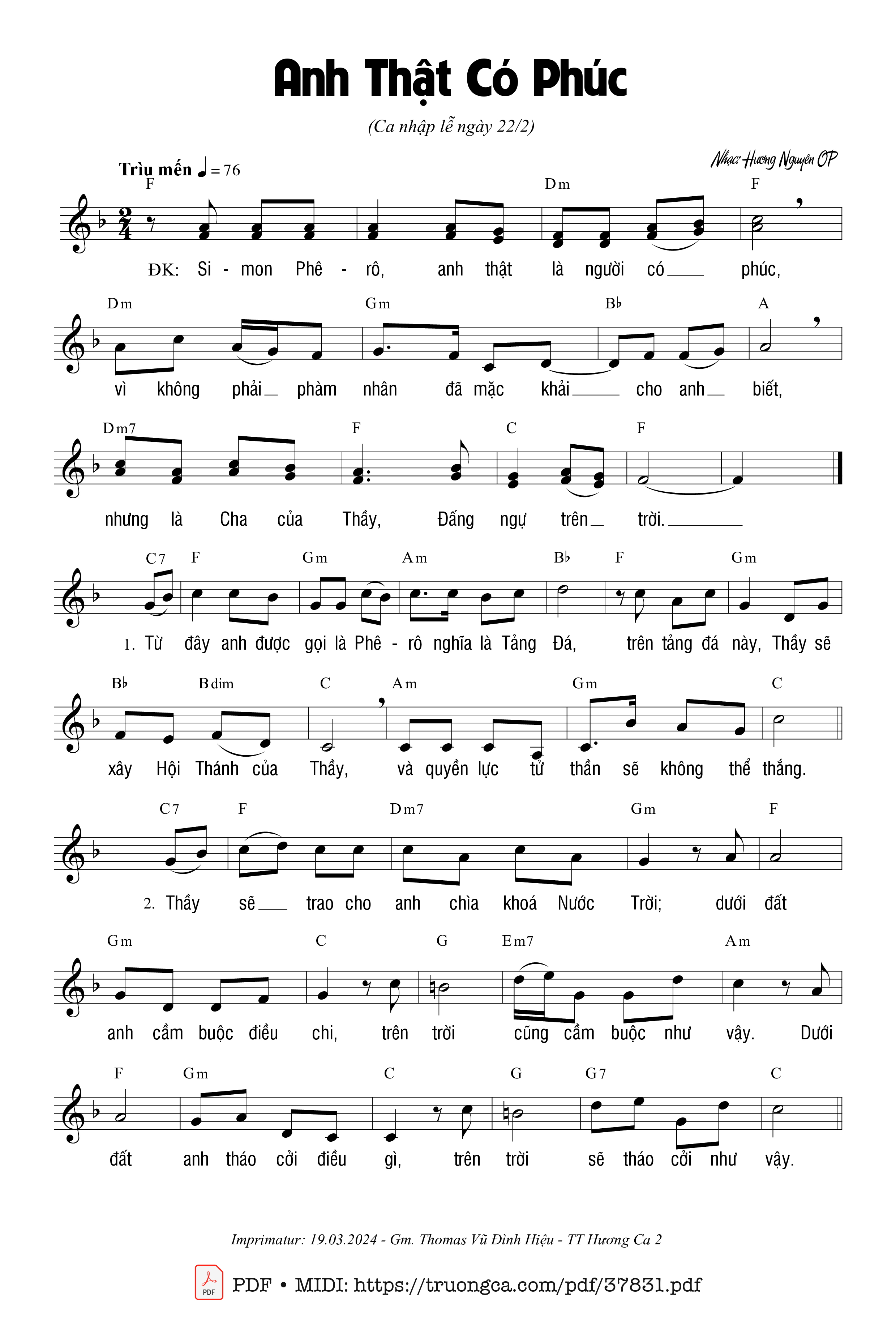 Trang 1 của Sheet nhạc PDF bài hát Anh Thật Có Phúc - Hương Nguyên Op