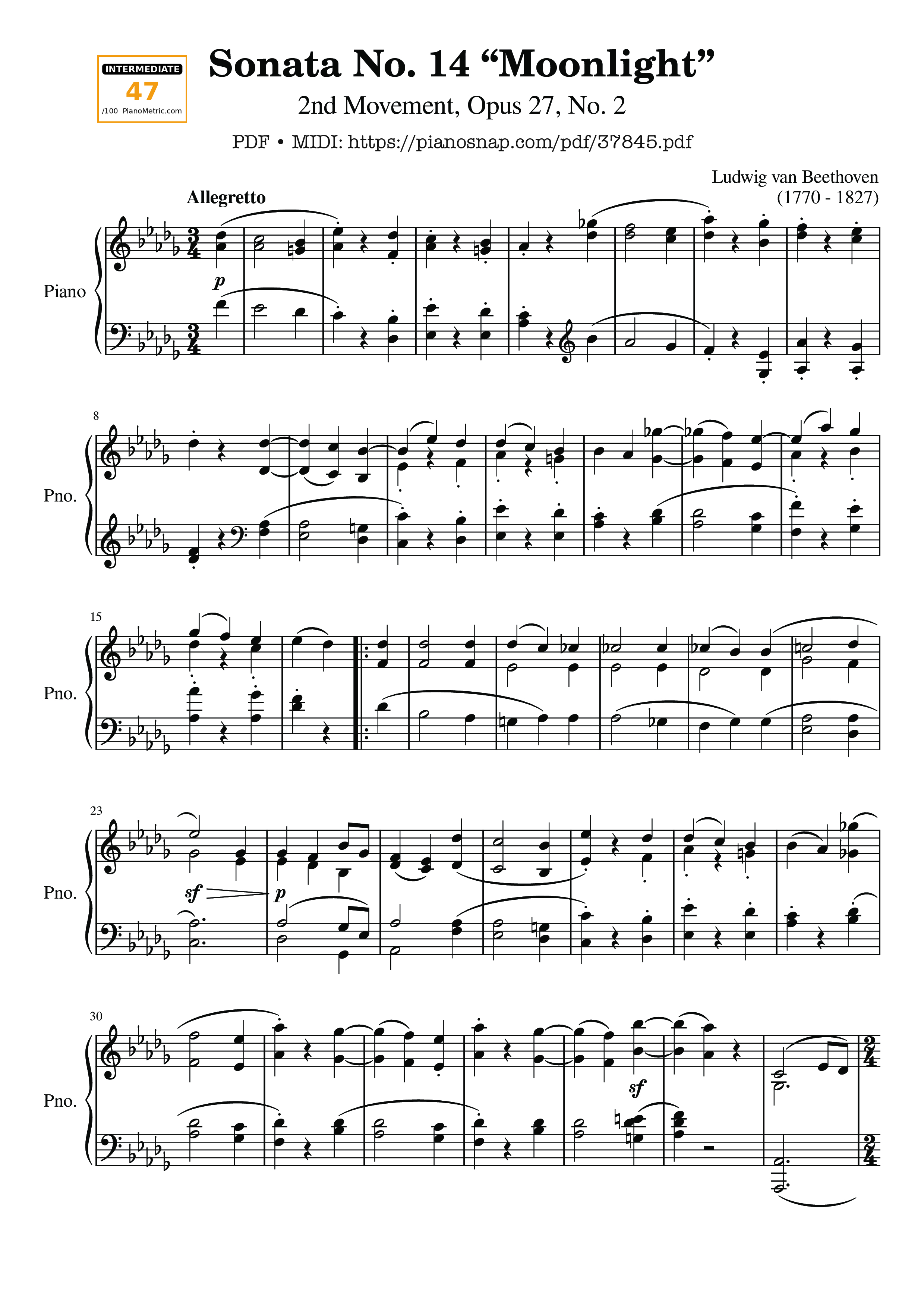 Trang 1 của Sheet nhạc PDF Piano bài hát Sonata No. 14 Moonlight 2nd Movement Piano - Ludwig van Beethoven