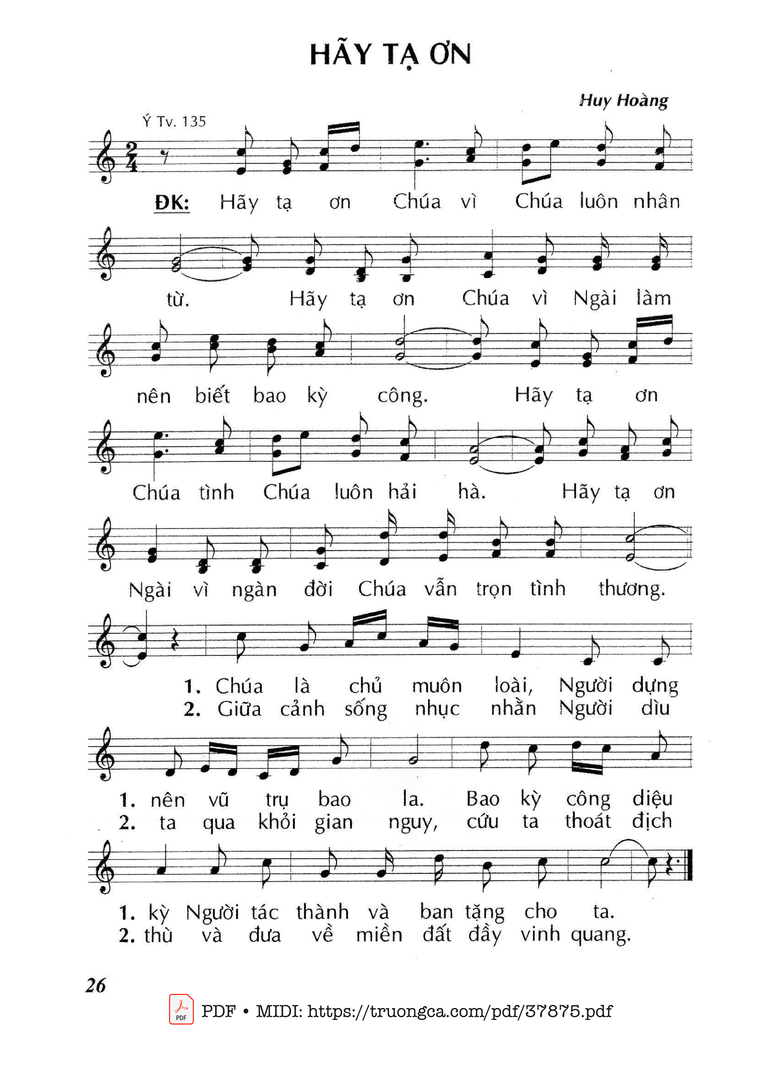 Trang 1 của Sheet nhạc PDF bài hát Thánh Vịnh 135, Hãy Tạ Ơn - Huy Hoàng
