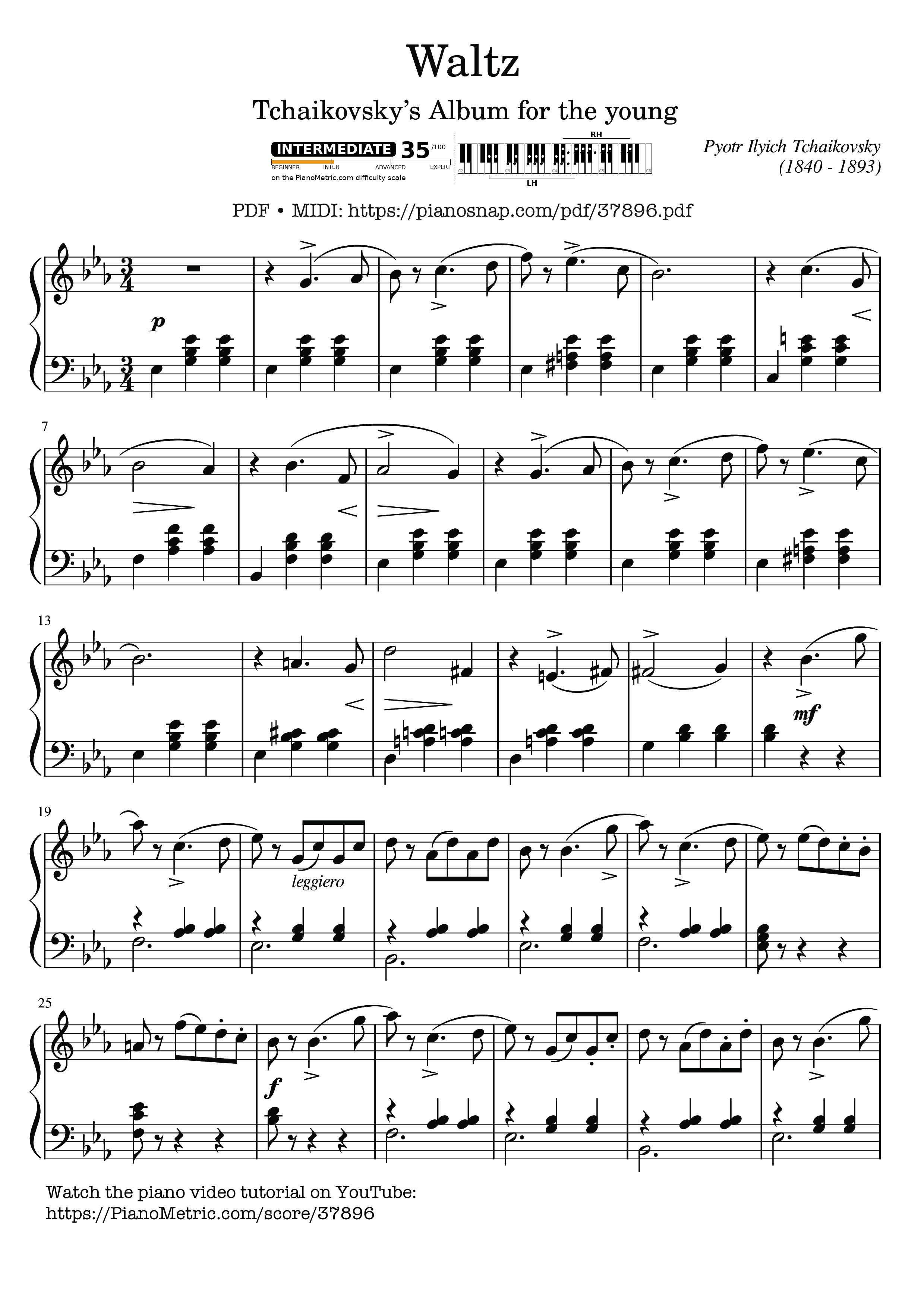 Trang 1 của Sheet nhạc PDF Piano bài hát Waltz, Tchaikovsky, Album for the young - Pyotr Ilyich Tchaikovsky