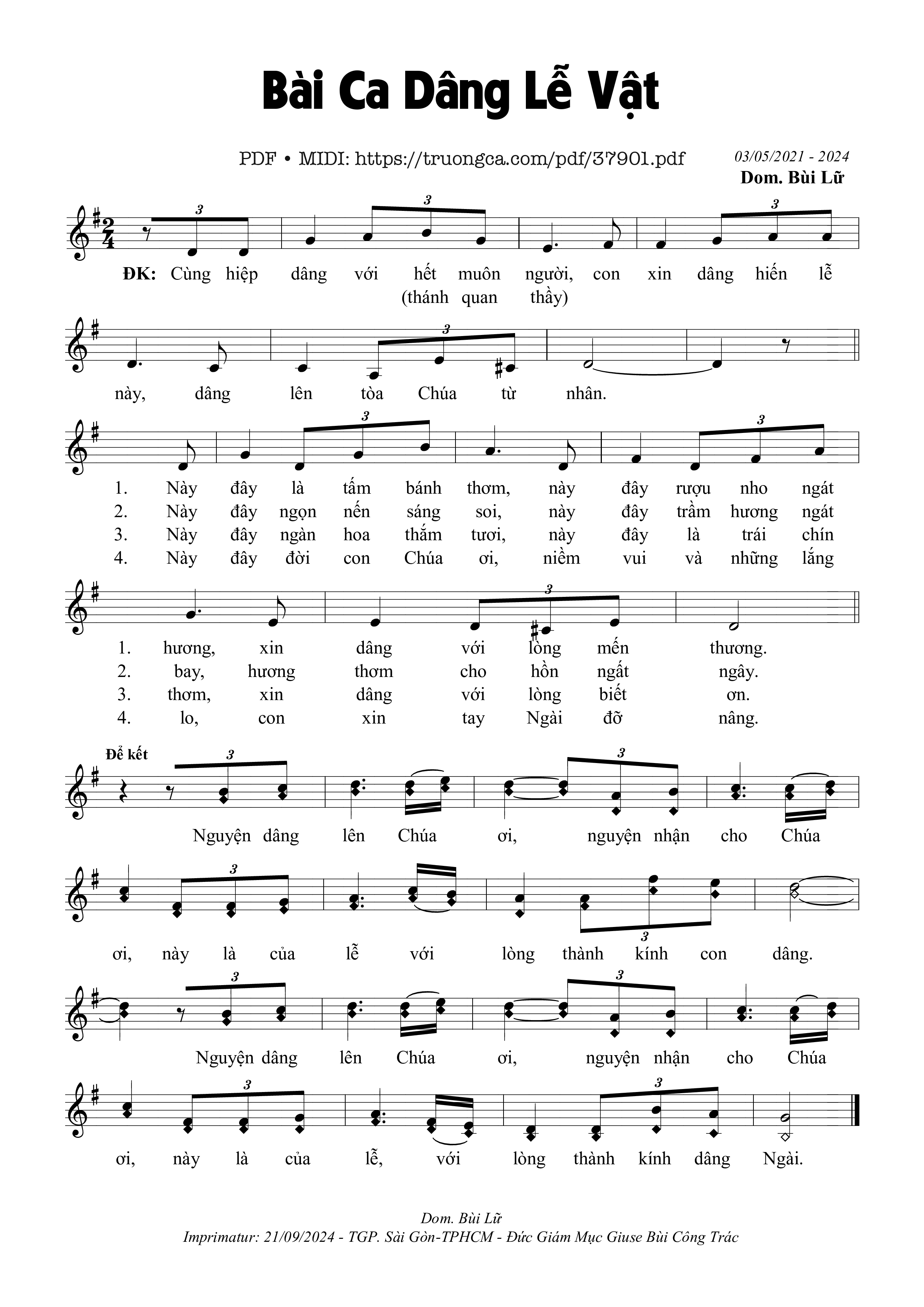 Trang 1 của Sheet nhạc PDF bài hát Bài Ca Dâng Lễ Vật - Dom. Bùi Lữ