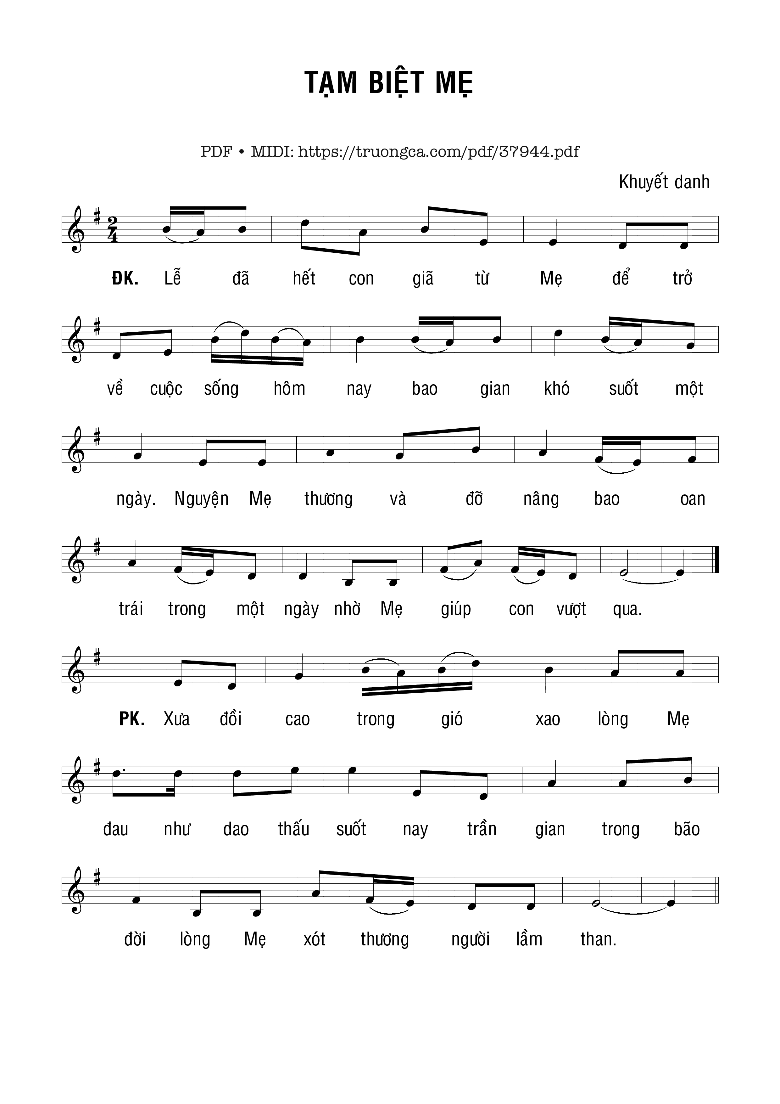 Trang 1 của Sheet nhạc PDF bài hát Tạm Biệt Mẹ - Khuyết Danh