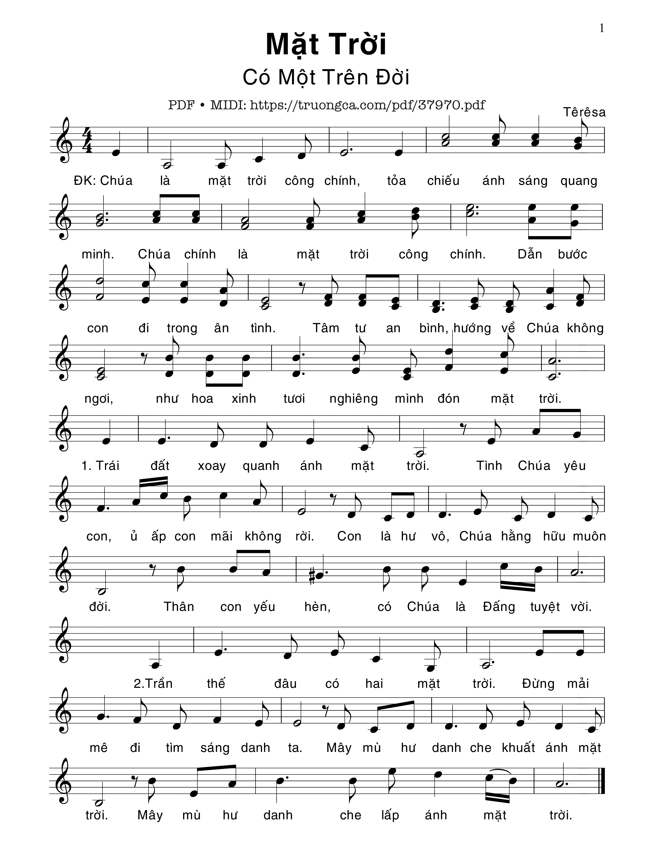 Trang 1 của Sheet nhạc PDF bài hát Mặt Trời Có Một Trên Đời - Têrêsa