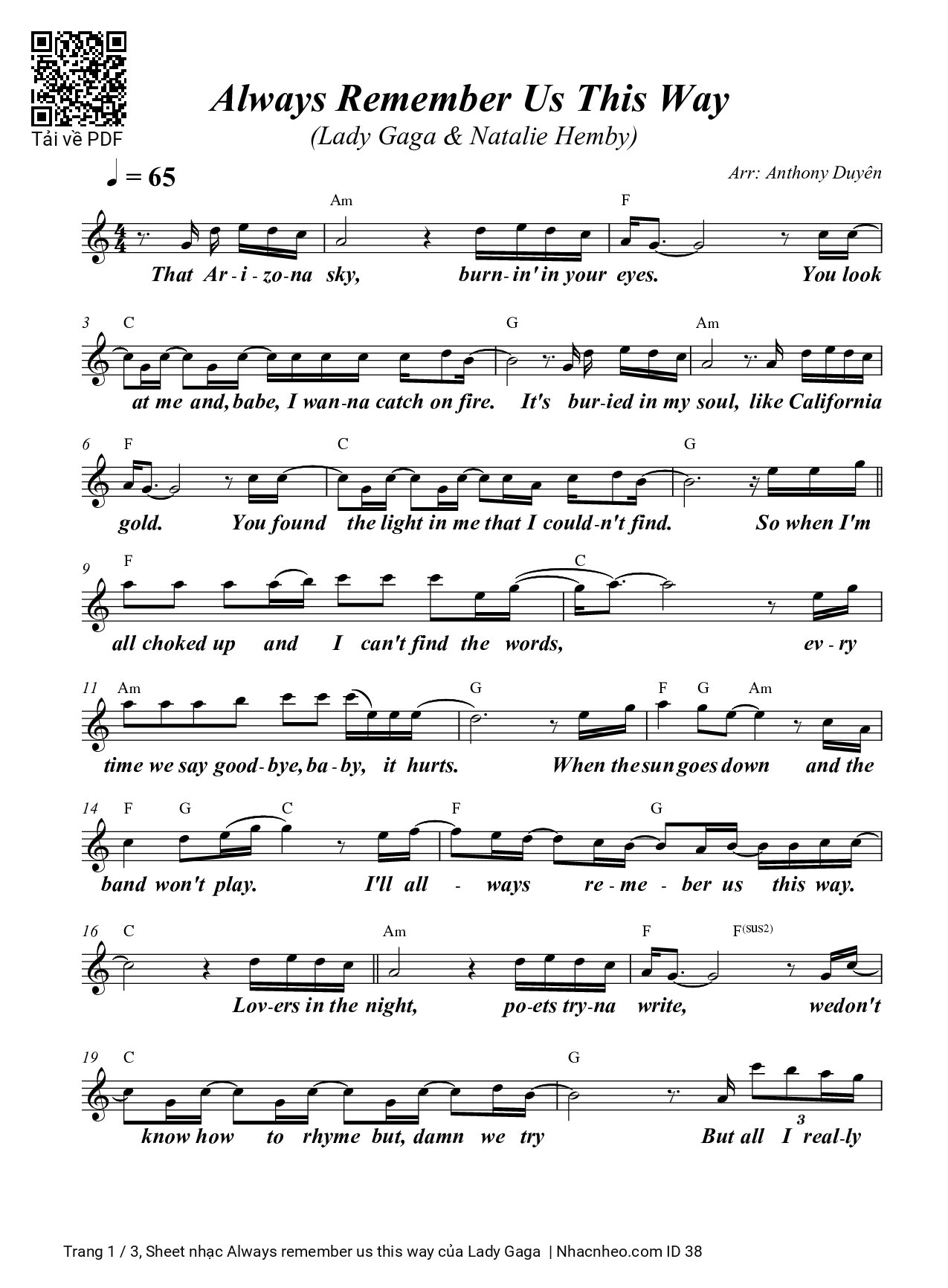 Trang 1 của Sheet nhạc PDF bài hát Always remember us this way - Lady Gaga, Verse 1. That Arizona  sky burning in your  eyes You  look at me and, babe, I wanna catch on  fire