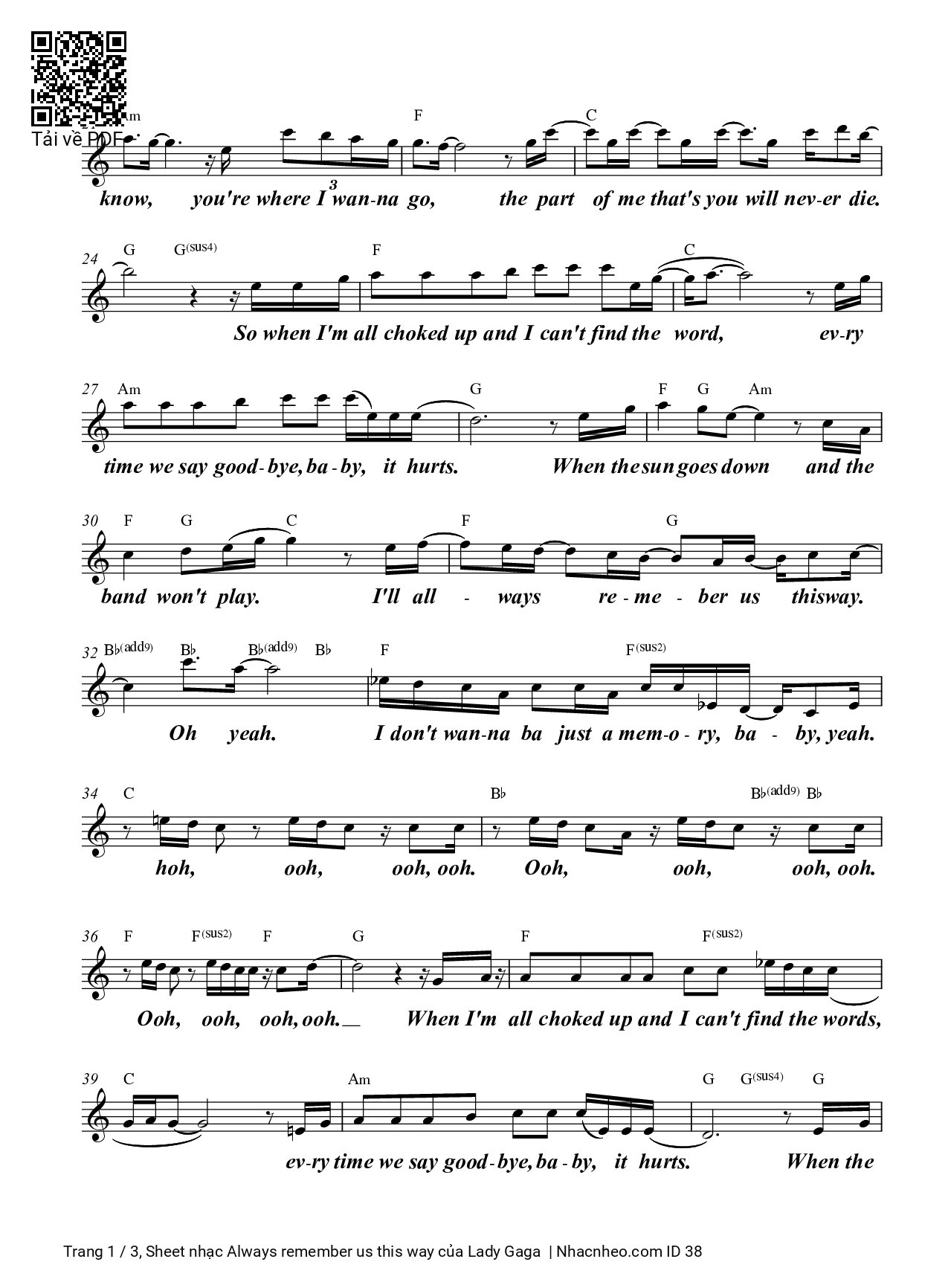 Trang 2 của Sheet nhạc PDF bài hát Always remember us this way - Lady Gaga, Verse 1. That Arizona  sky burning in your  eyes You  look at me and, babe, I wanna catch on  fire