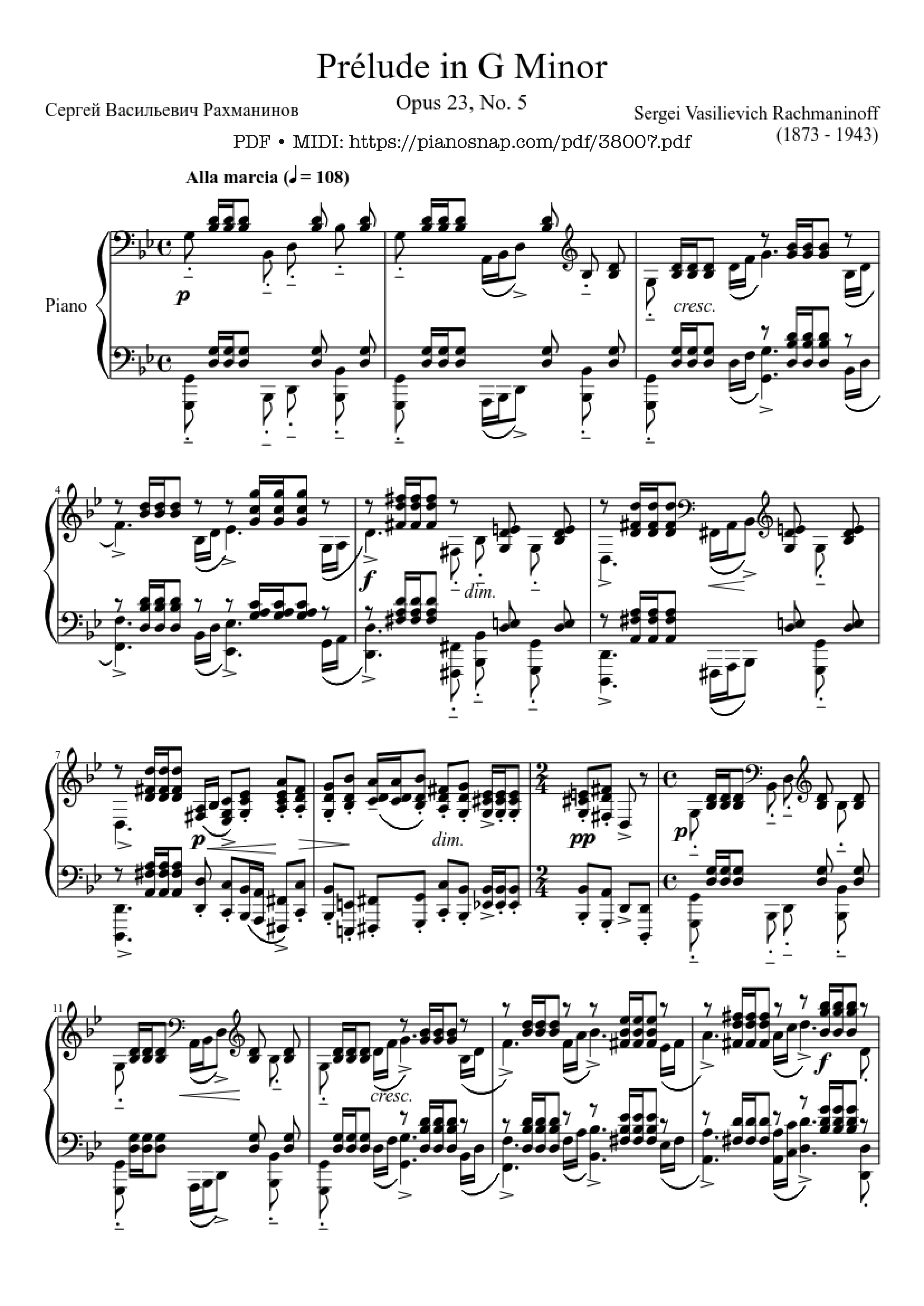 Trang 1 của Sheet nhạc PDF Piano bài hát Prélude Opus 23 No. 5 in G Minor Piano - Sergei Rachmaninoff