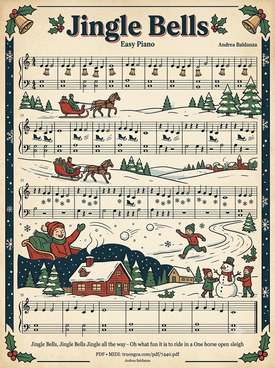 Trang 1 của Sheet nhạc PDF bài hát Jingle Bells Piano EASY (Illustrated Score Art) - James Pierpont