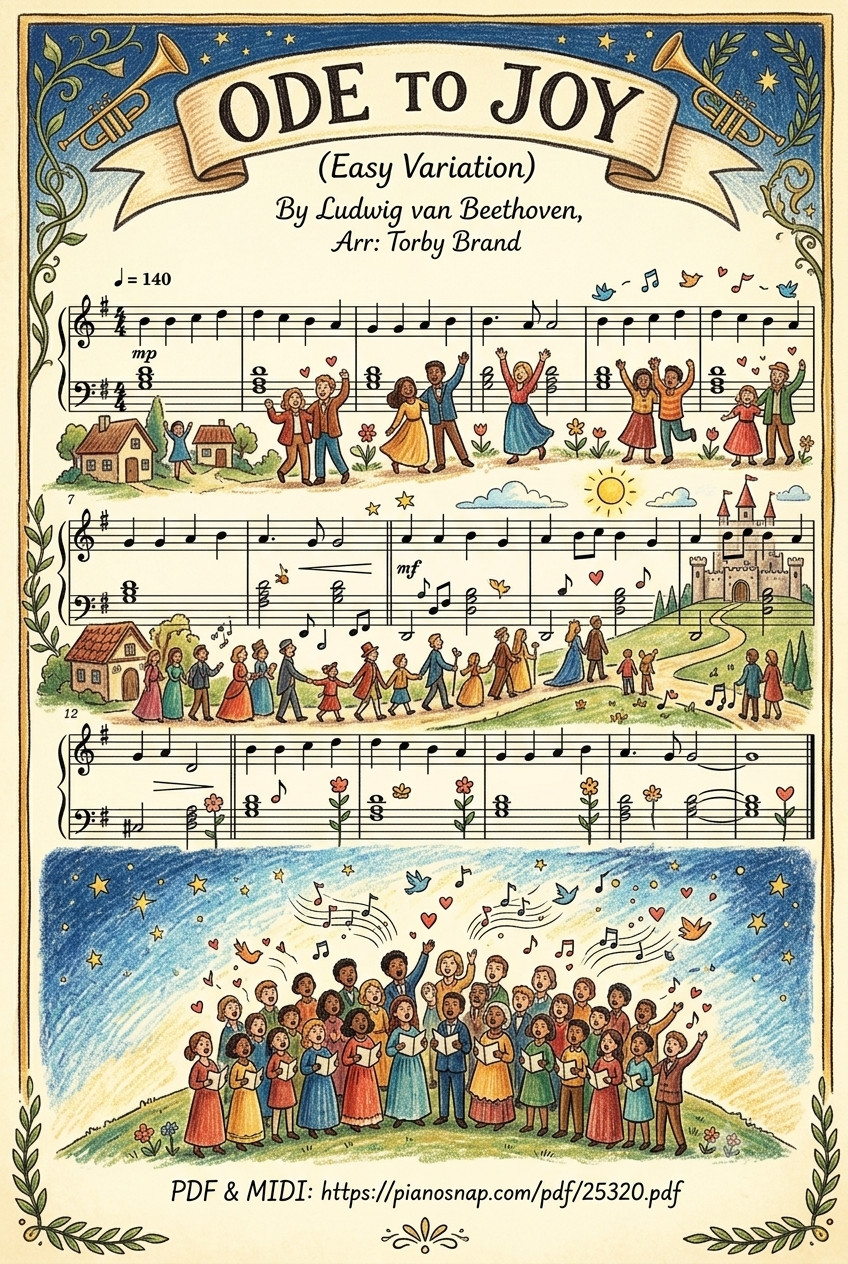 Trang 1 của Sheet nhạc PDF bài hát Ode to Joy Piano Easy (Illustrated Score Art) - Ludwig Van Beethoven