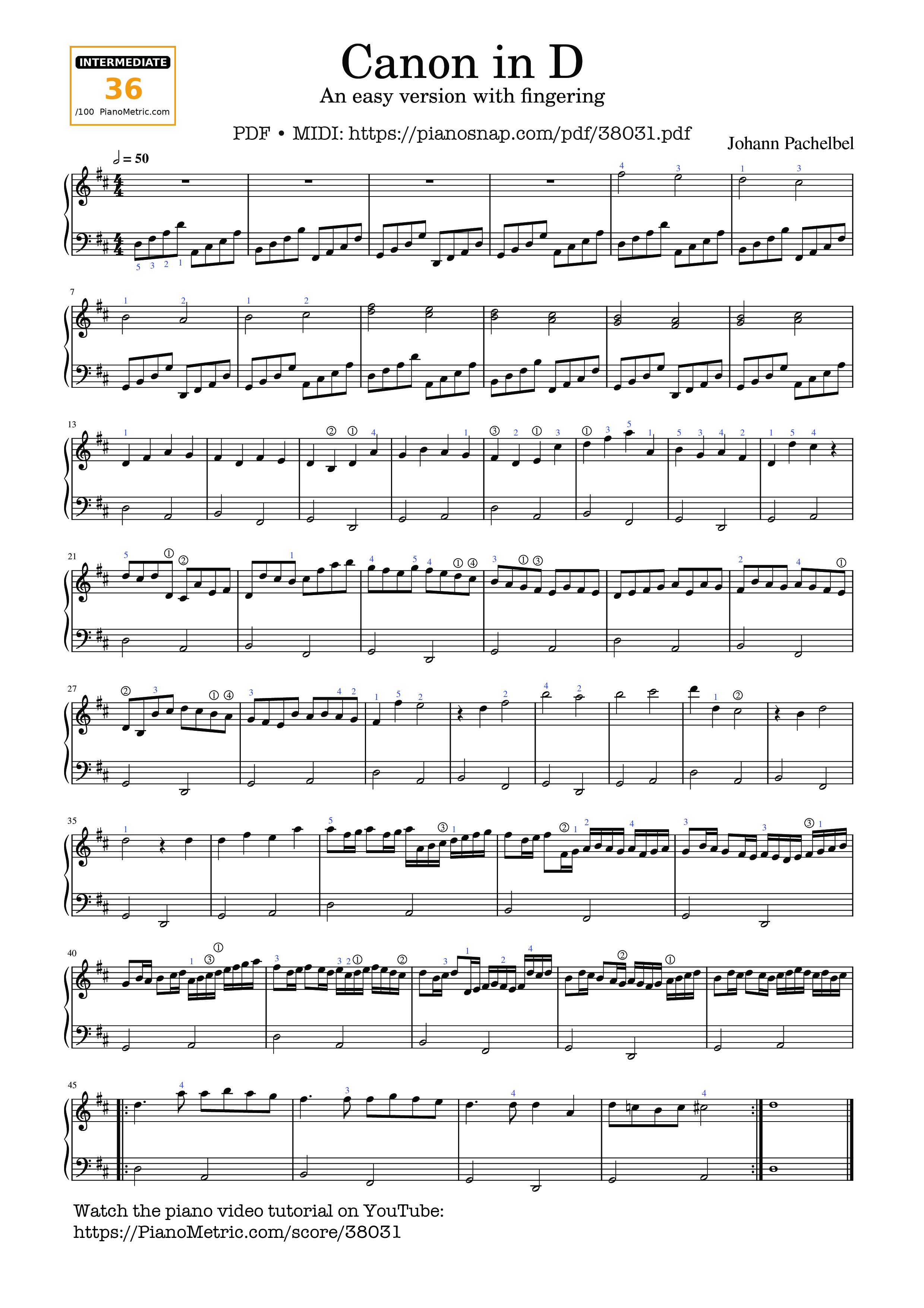 Trang 1 của Sheet nhạc PDF bài hát Canon in D Sheet Piano (An easy version with fingering) - Johann Pachelbel