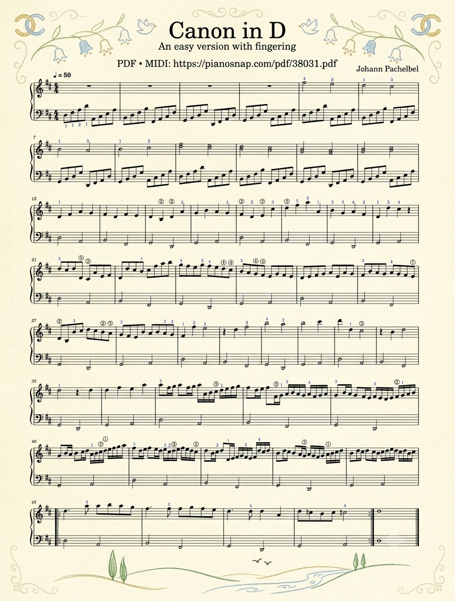 Trang 1 của Sheet nhạc PDF bài hát Canon in D Sheet Piano (Illustrated Score Art) - Johann Pachelbel