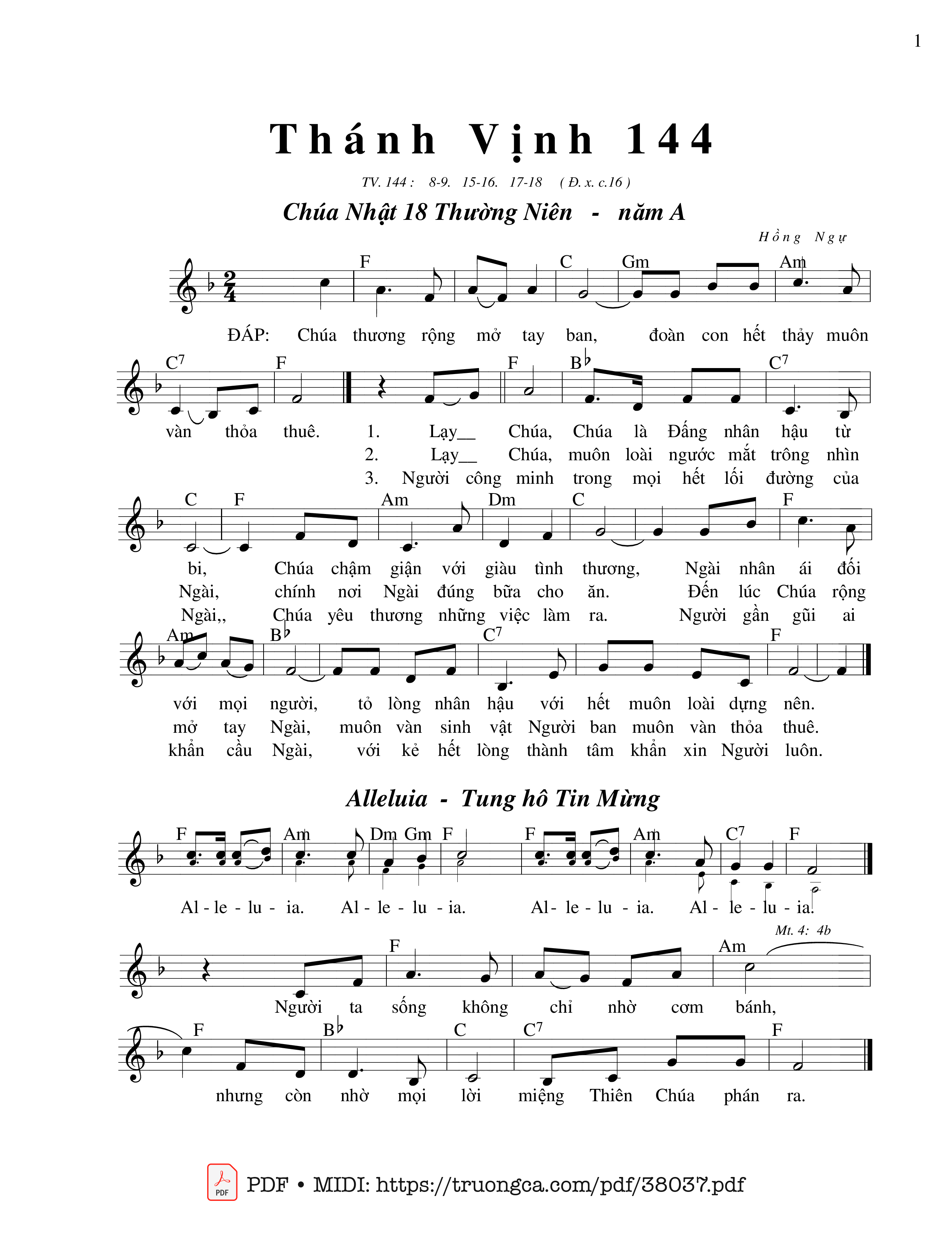 Trang 1 của Sheet nhạc PDF bài hát Thánh Vịnh 144, Chúa Nhật 18A Thường Niên - Hồng Ngự