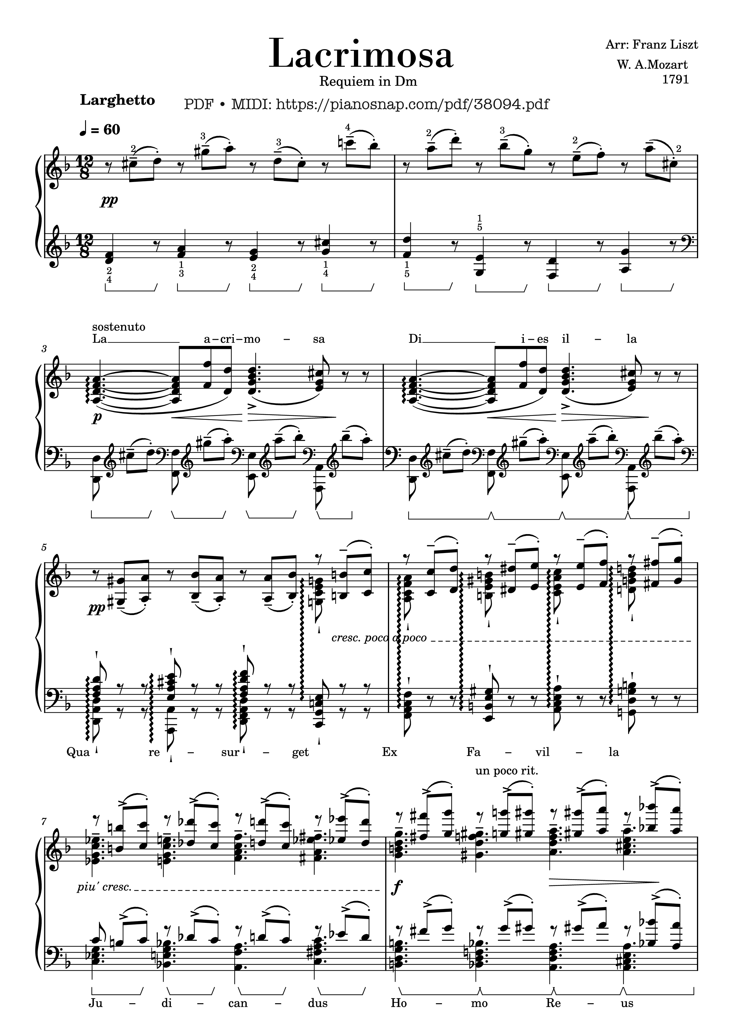 Trang 1 của Sheet nhạc PDF Piano bài hát Mozart Lacrimosa, Piano solo [arr. Liszt] - Wolfgang Amadeus Mozart