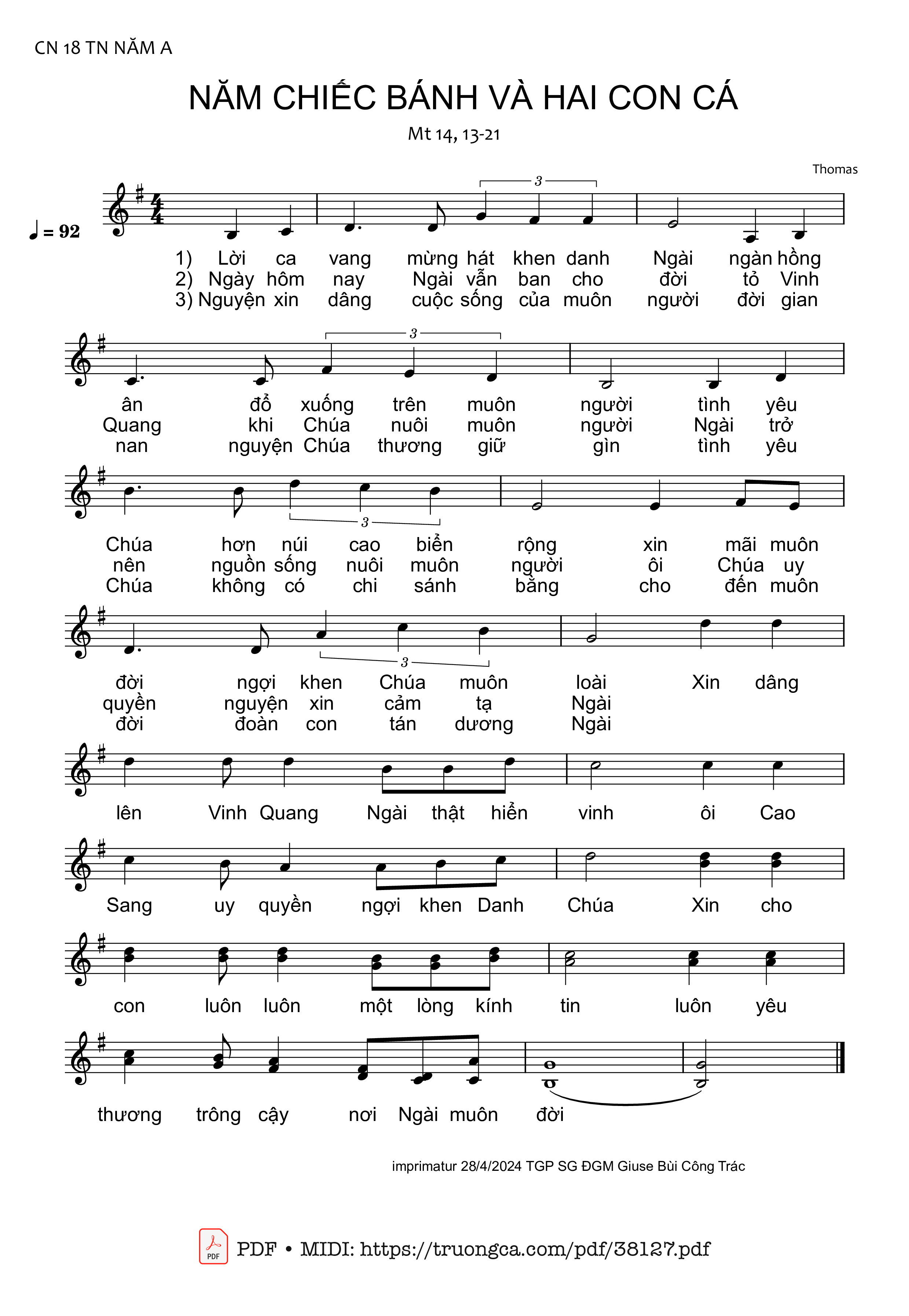 Trang 1 của Sheet nhạc PDF bài hát Năm Chiếc Bánh Và Hai Con Cá - Thomas